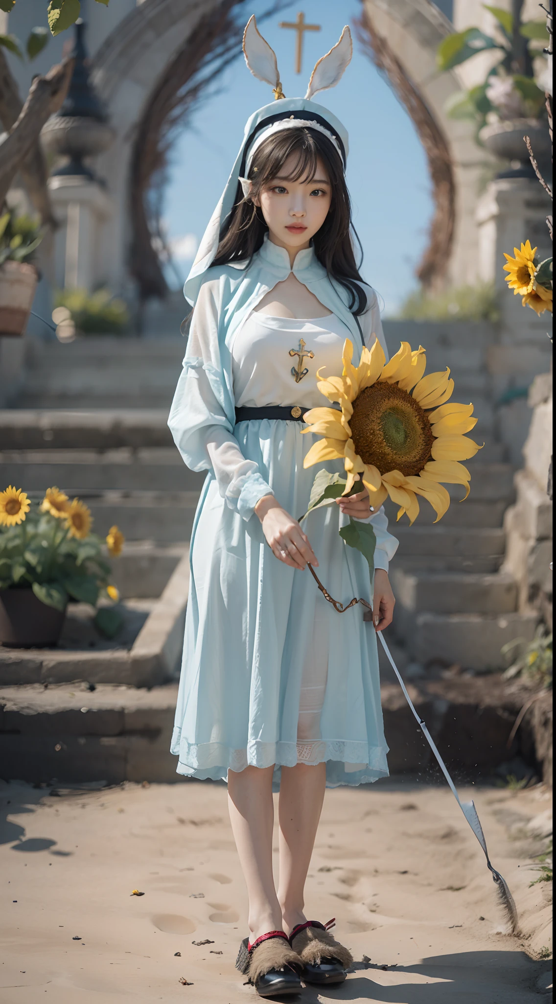 In a very grand scene,The extra-large wide-angle lens captures the appearance of a female centaur。She is a Sunflower Worship nun,Always opposed(Healing smiley face of knitted sunflower puppet😊:99.99)DOA。She is tall,It has the ultimate curvy beauty,The muscles are slender and firm,Beautiful lines。She has(Super huge sky blue eyes:99.99)、always(Wearing sexy glasses:6.66)、(She wears solemn nun attire:9.9)、Stepping on a boot-style skyscraper-heel、A pink cross hangs on his chest。Use Midjourney's advanced tools,Designed for female centaurs(A knitted sunflower puppet and create a super healing cartoon smiley face in the center of the flower tray as a decoration:9.9),and noble and solemn nun costumes,and highlight her unique physiological characteristics and appearance details,Add realism。And in the context of her prayers and listening to confessions,Spectacular views of nature,Such as the sky where storms and sunny days alternate、Brilliant rivers of stars and auroras、The snow-capped summit of Mount Everest、Fireworks in the mountain town, etc。ao mesmo tempo,Away from the hustle and bustle next to the chapel,Create a fantastic scene。Use Midjourney's advanced tools and multiple color palettes、Brush Strokes、Texture tools and model packages,It shows a sense of atmosphere where beauty and charm coexist。The charm of the female centaur is highlighted through color and lines,Enhance realism with detailing,Create a surreal dreamy feeling。Additionally,Use Midjourney's tools to add various exorcism props and books to the female centaur、pergaminhos,Create intricate hairstyles and outfits,Give her a sense of premium。She never flinches,No matter what monster you encounter,can respond quickly,Even the most extreme armies of natural disasters and monsters could not stop her and her front(Sunflower with Tyndall effect that emits sunlight9.99)。Use Midjourney's powerful tools,You can do it with incredible detail and beauty,Bring this ultra-grand and beautiful scene to life。Ultra-grand scenes,s