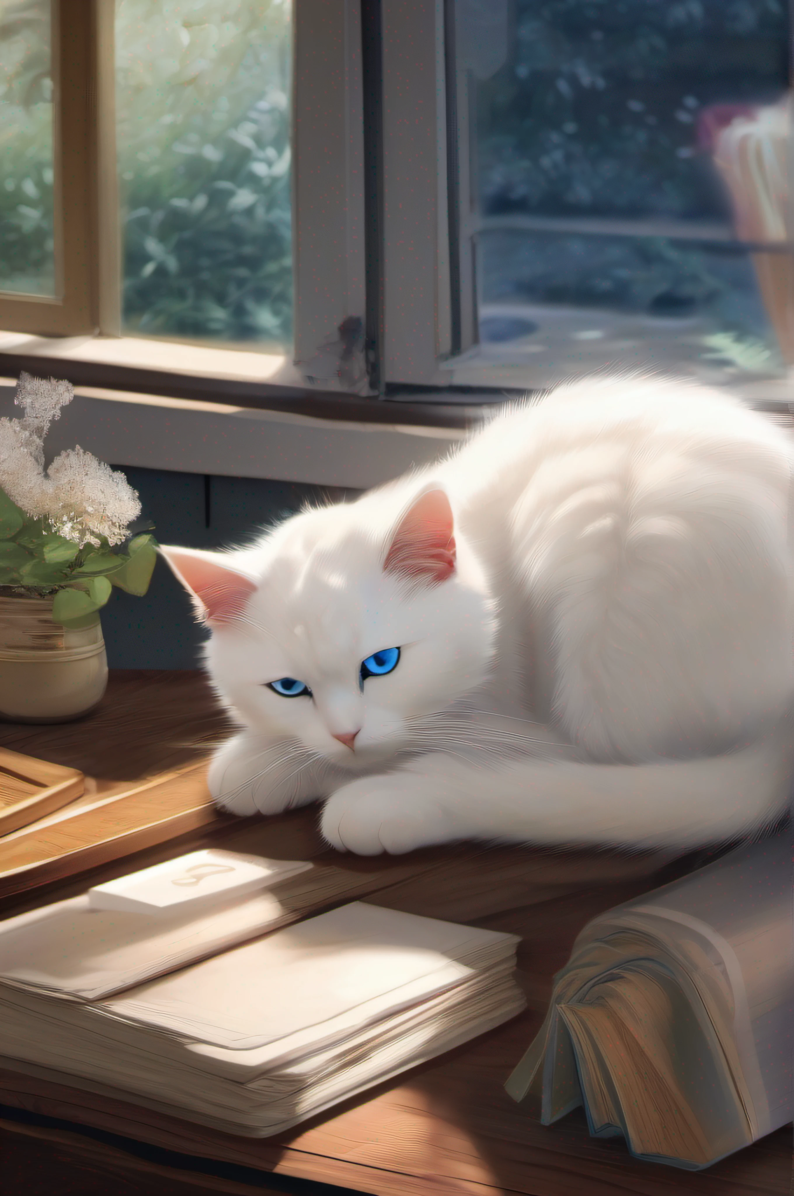 Blue-eyed cat sleeping on the table,there is a cat on it,Digital Painting,illustration of a cat on it,Anime Cats,white fur and blue eyes,anime visual of a cute cat,Digital Illustration Style,No line,a cute little cat,White cat,realistic anime cat,anthropomorphic female cat,(Cat,sepia,Systemic –V,4-S750)