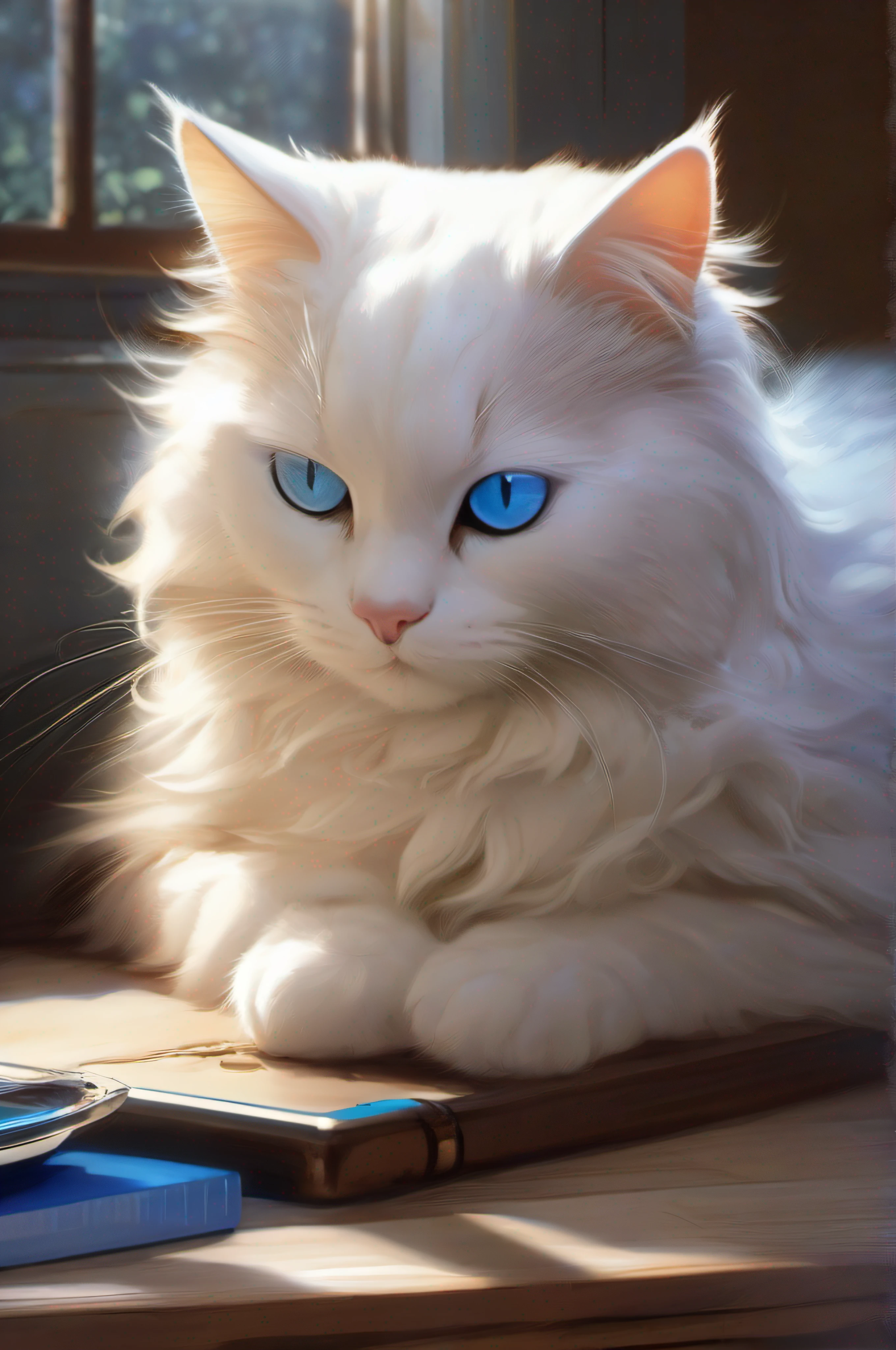 Blue-eyed cat sleeping on the table,there is a cat on it,Digital Painting,illustration of a cat on it,Anime Cats,white fur and blue eyes,anime visual of a cute cat,Digital Illustration Style,No line,a cute little cat,White cat,realistic anime cat,anthropomorphic female cat,(Cat,sepia,Systemic –V,4-S750)