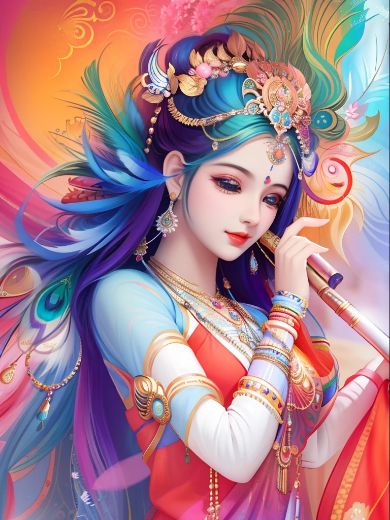 a painting of a woman with a flute in her hand, beautiful goddess, goddess of love and peace, indian goddess, goddess radha, Shri Radha Rani, goddess radha, painting of beautiful, beautiful colorful, with beautiful colors, colorful hd picure, indian god, goddess art, indian art, beautiful image, hindu art, very colorful heavenly, peacock feather on head, peacock feathers head, psychedelic goddess, hindu aesthetic, full of colors and rich detail