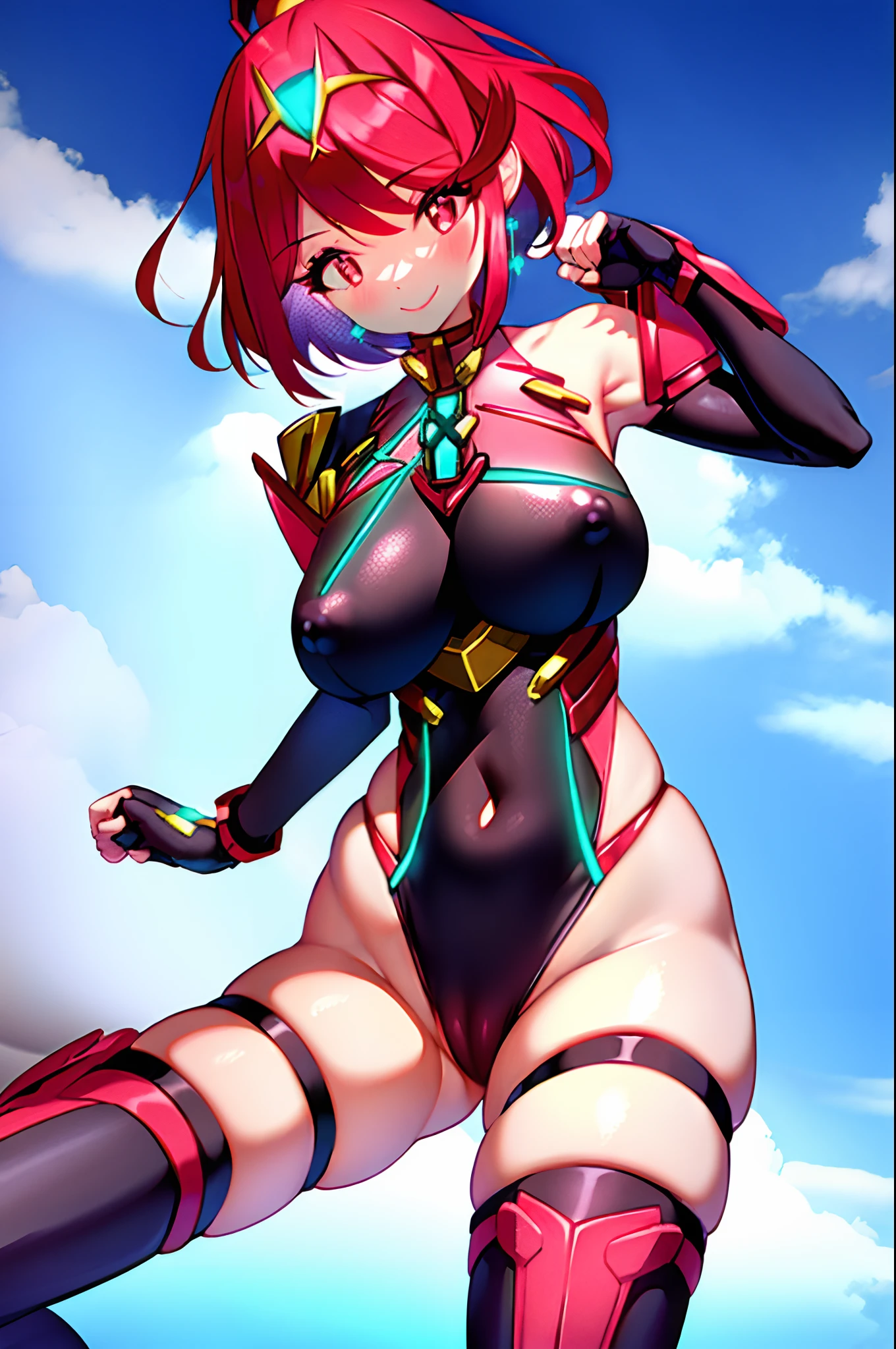 pyra \(xenoblade\), _1girl, lolings, black gloves, breasts, red eyes, shout, earrings, eyelashes, fingerless gloves, floating hair, , gem, gloves, hair ornament, headpiece, jewelry, gigantic_breasts, leaning back, swimsuit, neon trim, official art, pose, red hair, saitou masatsugu, short hair, sidelocks, skin tight, solo, swept bangs, thighhighs, tiara, fantasy_town_background, underbust, xenoblade chronicles \(series\), (xenoblade chronicles 2), (spread_legs:1.1), fire_effect,dynamic_pose,fighting,light_smile, (plump:1.1), big_ass,huge_sword, hold_large_sword_hilt, covered_nipples, covered_pussy, fists,ponytail,beautiful_fingers,(solo:1.1), bare_shoulder,(shoulder_naked:1.2), nipple_jewel,