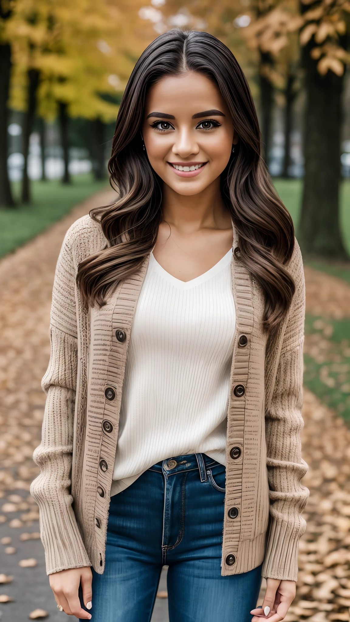 Hyper realistic and detailed full body photo of one young smiling beautiful woman wearing a trendy autumn casual outfit. perfect eyes, (Eye makeup:1.1), (highly detailed skin:1.1), RAW, analog style, sharp focus, 8k UHD, DSLR, high quality, Fujifilm XT3, grain, award winning, masterpiece.