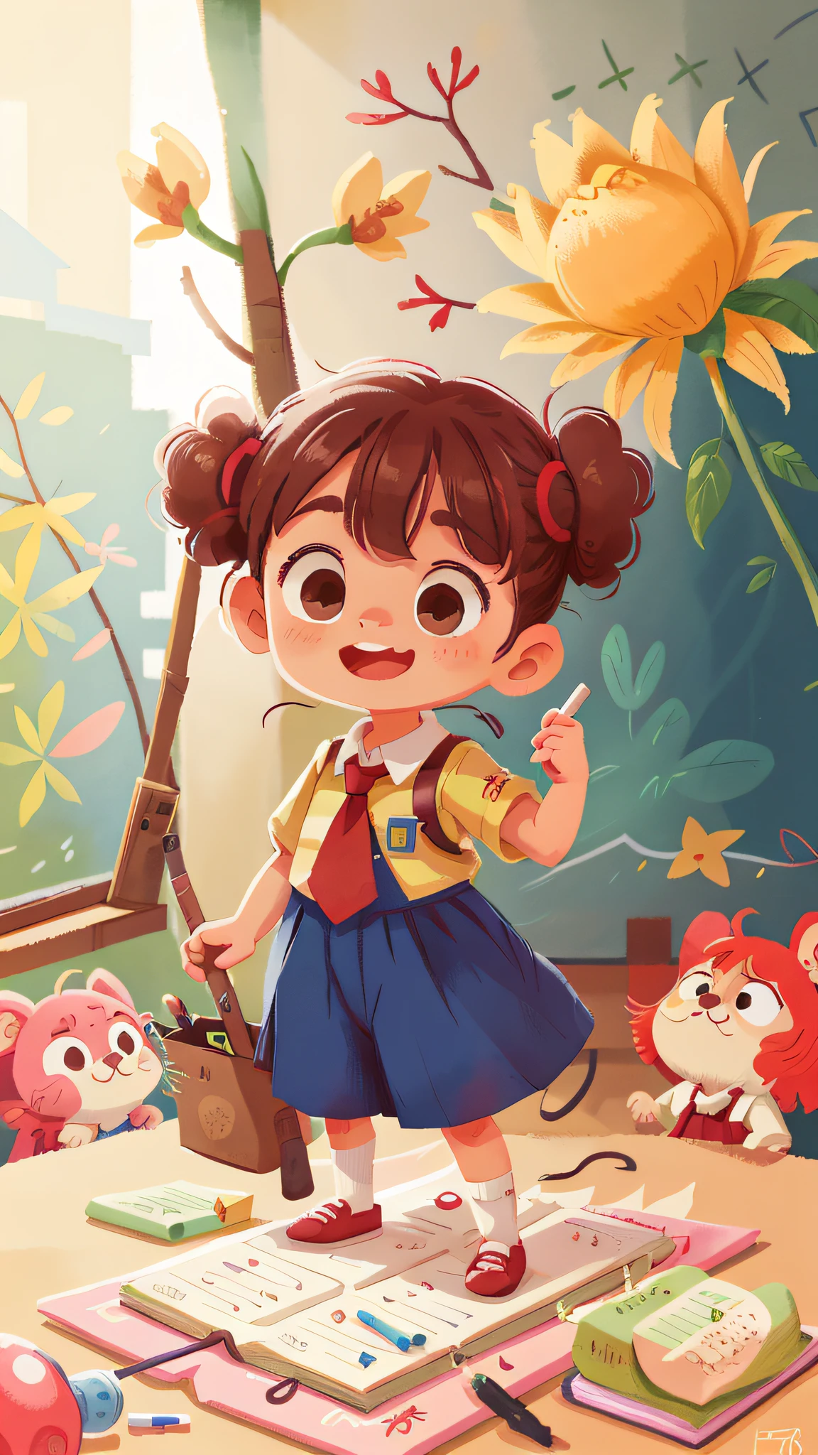 A little girl in a school uniform stands on a drawing board gouache，School playground，cheerfulness，Rejoice，Perfect quality，Clear focus（Clutter - home：0.8）， （tmasterpiece：1.2） （realisticlying：1.2） （Bokeh） （best qualtiy） （detailedskin：1.3） （complexdetails） （8K） （detailedeyes） （Sharp focus）,（having fun）