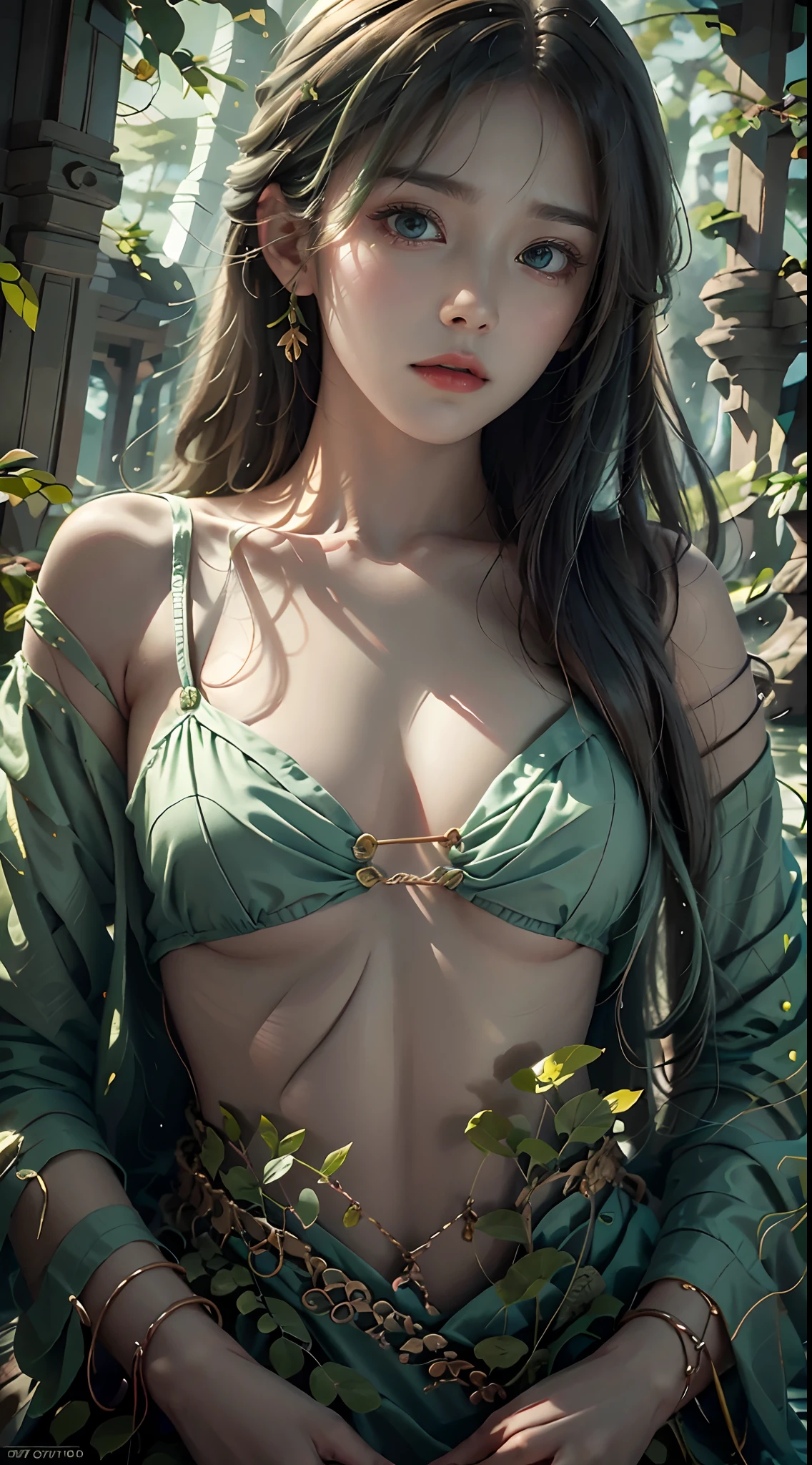 1 20-year-old girl, fairy princess, green clothes, nature clothes, nature panorama, sweet, beauty gril, twin sister. (Nature elemen), ( nature particel),( angry expresion) bad mood