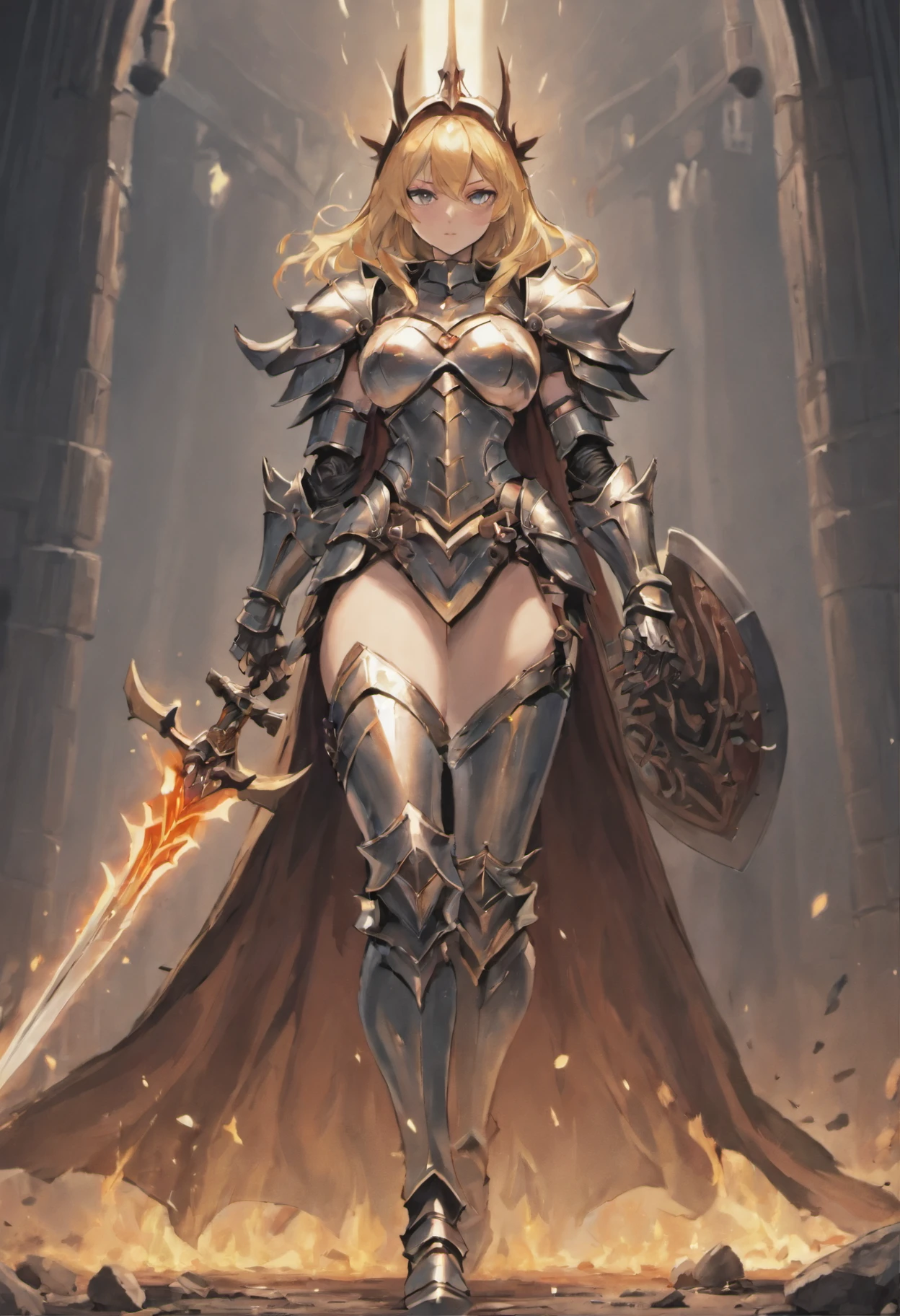 Knight in black armor, Female, large breasts, curvy body, hourglass figure, tattered cape, menacing, sinister, Face hidden away behind helmet, spiky armor, fully armored, cleavage showing, thick thighs, fierce eyes, Detailed armor, stern and cold, holding long sword in one hand, armor on hips and crotch, armor on arms, armor in legs, full body picture, medieval village getting burned down in the background, fire, only one female, angry, a close up of a woman in armor with a sword, bikini armor female knight, female knight, of a beautiful female knight, high detailed official artwork, armor girl, 8k high quality detailed art, portrait knight female, thick armor, but the armor covers her face, beautiful female knight, female assassin, badass anime 8 k, pale black armor, 4k detailed art