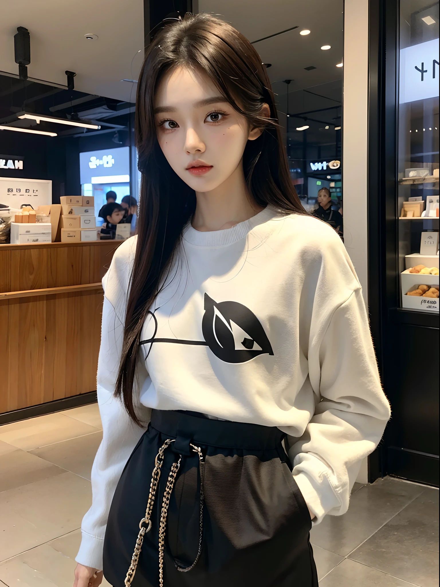 masterpiece、top-quality)、1 beutiful girl、Slim body、((Black and white plain clothes:1.1))、(Detailed beautiful eyes)、Walk around the store、((Boyish Brown Medium Hair))、((Smaller face))、((Neutral face))、((Face seen from the side))、((Light brown eyes))、((Korean Girl))、((18year old))、((cool lady))、((Wild look))、((Korean Makeup))、((elongated and sharp eyes))、((Happy dating))、((looking distantly))、((boyish))、((Shot from the same height as your face))、((Viewers are tall))、((She is walking in front of the viewer))、((Spoiled by viewers))