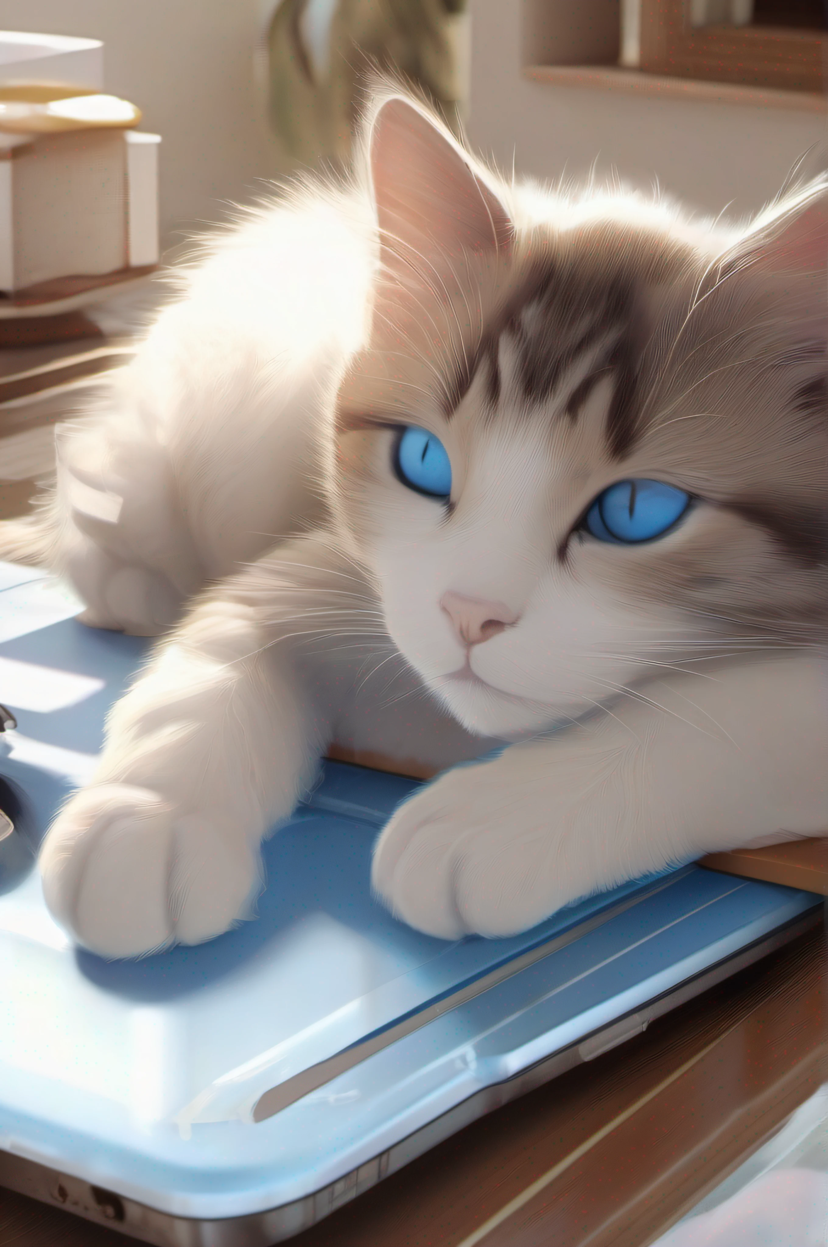 Blue-eyed cat sleeping on the table,there is a cat on it,Digital Painting,illustration of a cat on it,Anime Cats,white fur and blue eyes,anime visual of a cute cat,Digital Illustration Style,No line,a cute little cat,White cat,realistic anime cat,anthropomorphic female cat,(Cat,sepia,Systemic –V,4-S750)