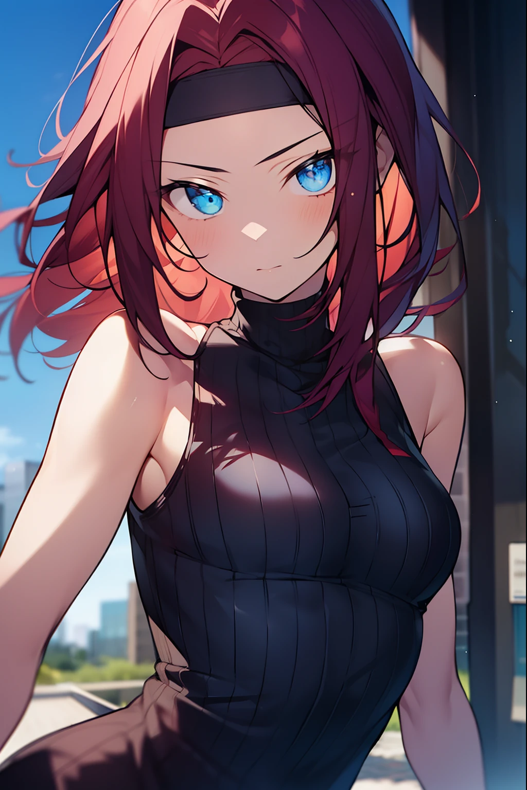 kallenstadtfeld, kallen stadtfeld, blue eyes, headband, red hair, short hair, bandana,
BREAK sleeveless, sleeveless turtleneck, turtleneck,
BREAK looking at viewer,
BREAK outdoors, city,
BREAK (masterpiece:1.2), best quality, high resolution, unity 8k wallpaper, (illustration:0.8), (beautiful detailed eyes:1.6), extremely detailed face, perfect lighting, extremely detailed CG, (perfect hands, perfect anatomy),