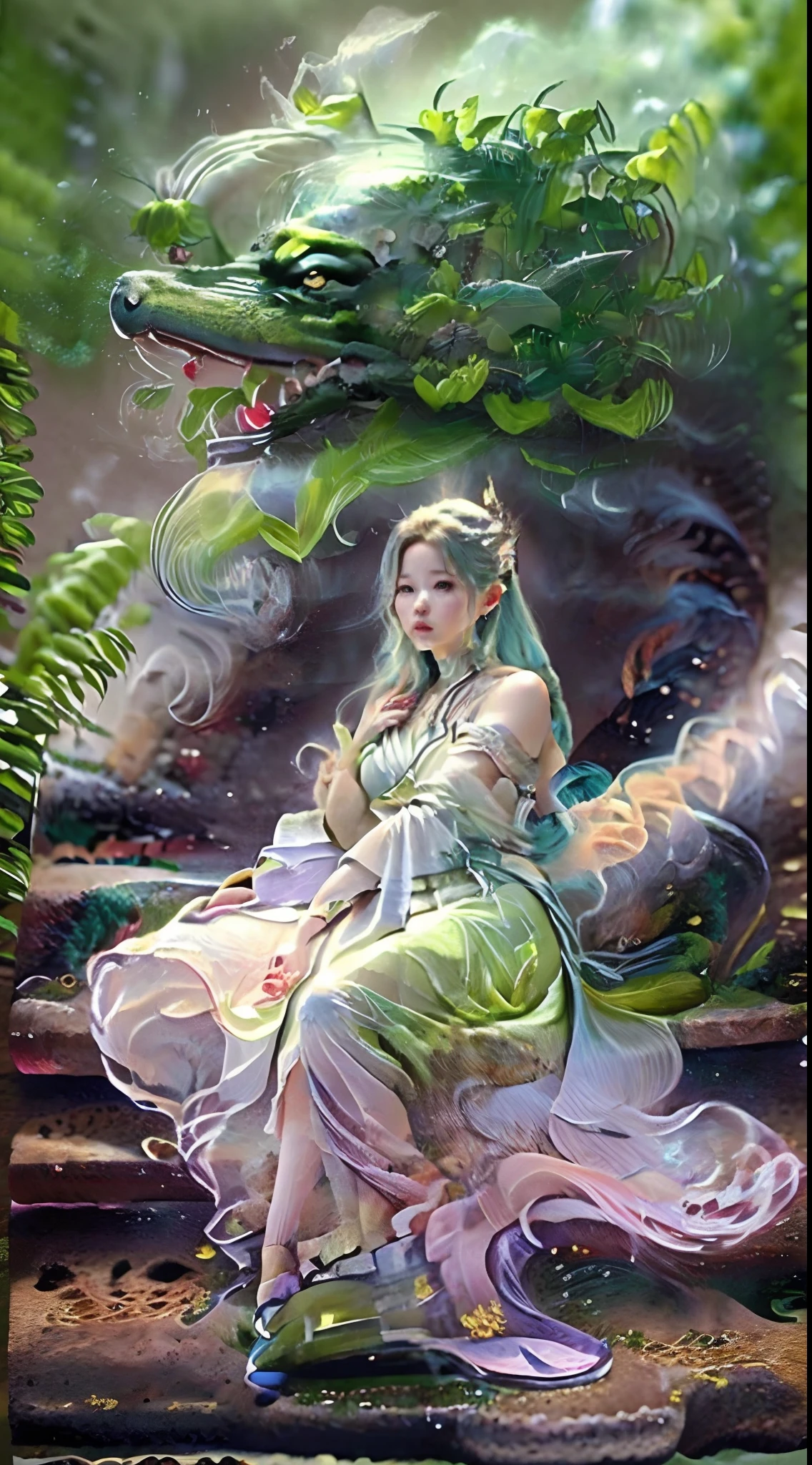 (Best quality,4K,8K,A high resolution,Masterpiece:1.2),Ultra-detailed,(Realistic,Photorealistic,photo-realistic:1.37),Gorgeous,Beautiful,Long golden hair, The goddess in a black and white dress sits on the steps, 浴室,Sexy girl,Illustration style：kim jung giu, Japanese goddess, Yoshigaki, Amazing goddess, ethereal figure, mesmerizing eyes, Beautiful white costume, Bright sunlight, gleaming silver, Yoshitomo Nara, Fuzzy green dragon-shaped smoke,Served in glass bottles