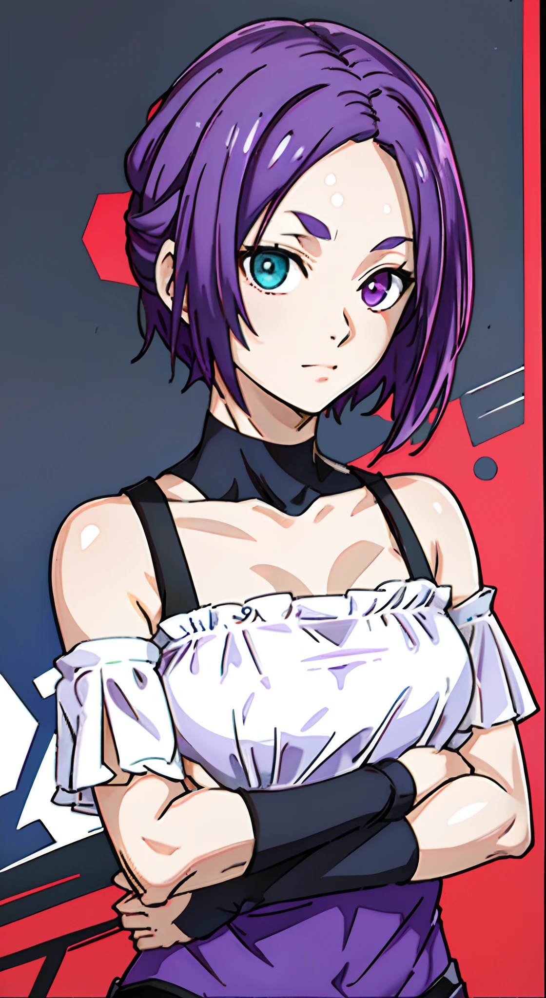 Masterpiece, Best quality, Ultra-detailed, Off-the-shoulder attire, Colorful,take up close, Hyper-detailing，purple color hair, reo mikage, bluelock, no sleeves, camisole, blue camisole, cheongsam, choker, arm warmers , bandages, scar, big breasts 1girl, Solo, sharpy face, heterochromia, green eyes, purple eyes, Bare neck, happiness face