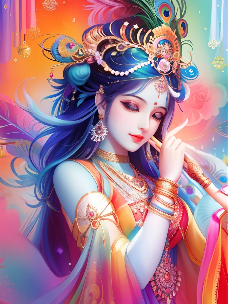 a painting of a woman with a flute in her hand, beautiful goddess, goddess of love and peace, indian goddess, goddess radha, Shri Radha Rani, goddess radha, painting of beautiful, beautiful colorful, with beautiful colors, colorful hd picure, indian god, goddess art, indian art, beautiful image, hindu art, very colorful heavenly, peacock feather on head, peacock feathers head, psychedelic goddess, hindu aesthetic, full of colors and rich detail