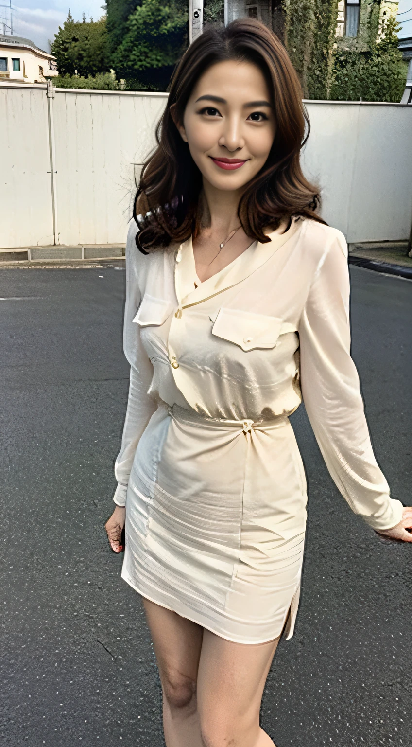 top-quality、tmasterpiece、超A high resolution、(Photorealsitic:1.4)、A Japanese lady、48-year-old woman,Wavy brunette hair、plumw、Silk、Crewneck slip dress(huge-breasted:1.4)、standing on your feet:1.2,rural village background,Slightly chubby body:1.2,Straight body,Slightly chubby face:1.2,Wrinkles at the corners of the eyes,There are wrinkles at the corners of the mouth,((fully body photo))