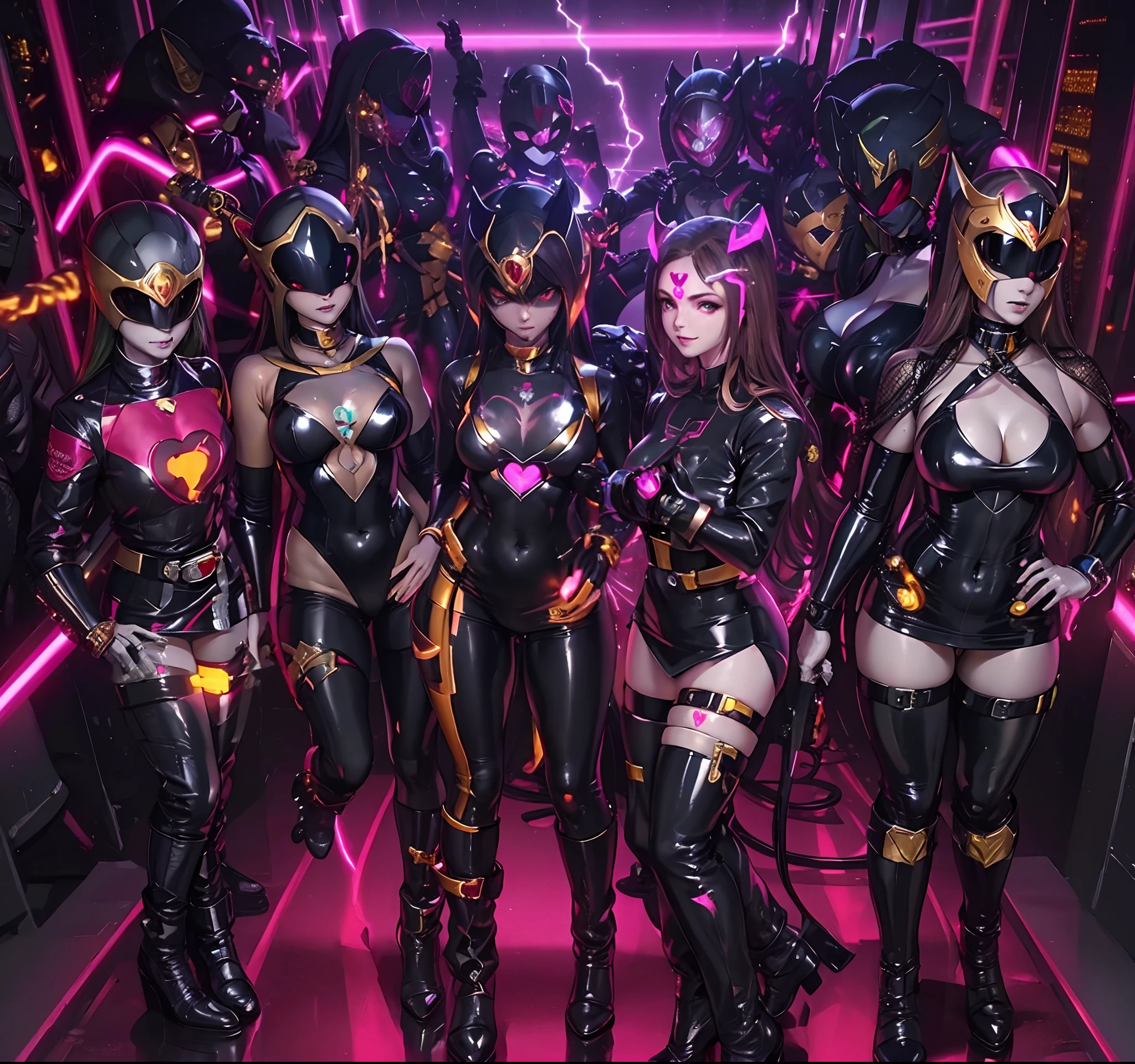 super SENTAI, black latex, high leg, 5girls. evil figure, whole body,sexy pose, empty eyes, chained to machines, forehead, Heart tattoo, glowing tube, helmet, colorful lightning, headphone, chastity belt, ecstasy, costume with visible navel, glitter on costume