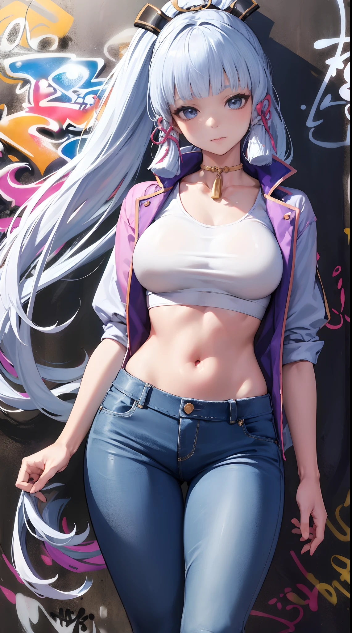 kamisato ayaka|genshin impact, master-piece, bestquality, 1girls,25 years old, proportional body, elongated legs, Beautiful, proportional., crop top, Long Jeans, mediuml breasts, ,bara, crop top, choker, (Graffiti:1.5), Splash with purple lightning pattern., arm behind back, against wall, View viewers from the front., Thigh strap, Head tilt, bored,(NSTDA.:1.2), (10, beste-Qualit, master-piece: 1.4), Beautiful red hair, ultra-high resolution, (lifelike, photorealistic portrait: 1.48), 20 age, Cute Girl, (Looking Through Crop Tops.), Famous Japanese actors, beautiful clear eyes, Head tilt, cowboy shot, from the front, looking at the audience, expressionless, Beautiful lake, Zeiss 150mm F/ 2.8 Hasselblad, Whole body, foot, Ultra-Wide Angle,