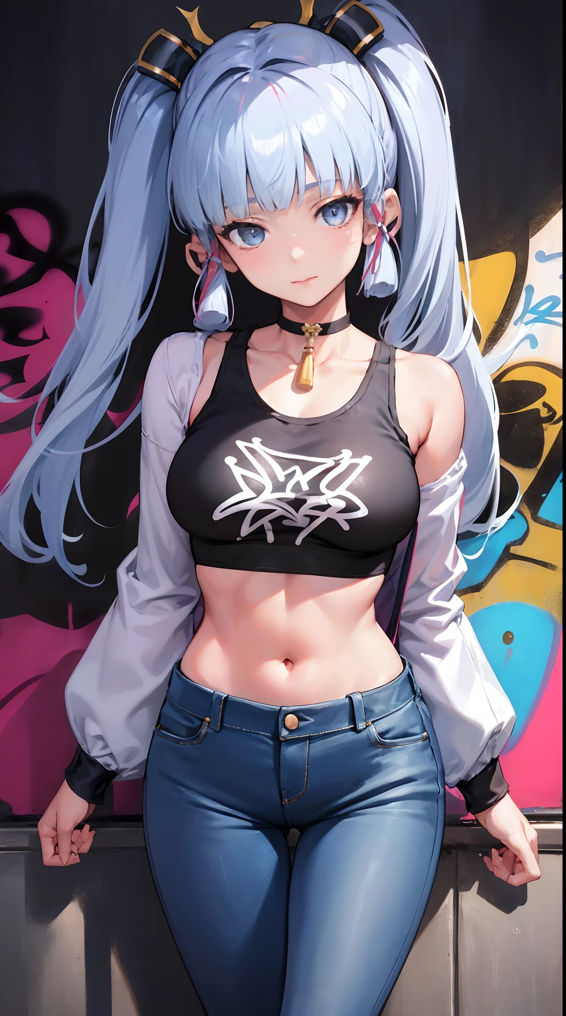 kamisato ayaka|genshin impact, master-piece, bestquality, 1girls,25 years old, proportional body, elongated legs, Beautiful, proportional., crop top, Long Jeans, mediuml breasts, ,bara, crop top, choker, (Graffiti:1.5), Splash with purple lightning pattern., arm behind back, against wall, View viewers from the front., Thigh strap, Head tilt, bored,(NSTDA.:1.2), (10, beste-Qualit, master-piece: 1.4), Beautiful red hair, ultra-high resolution, (lifelike, photorealistic portrait: 1.48), 20 age, Cute Girl, (Looking Through Crop Tops.), Famous Japanese actors, beautiful clear eyes, Head tilt, cowboy shot, from the front, looking at the audience, expressionless, Beautiful lake, Zeiss 150mm F/ 2.8 Hasselblad, Whole body, foot, Ultra-Wide Angle,