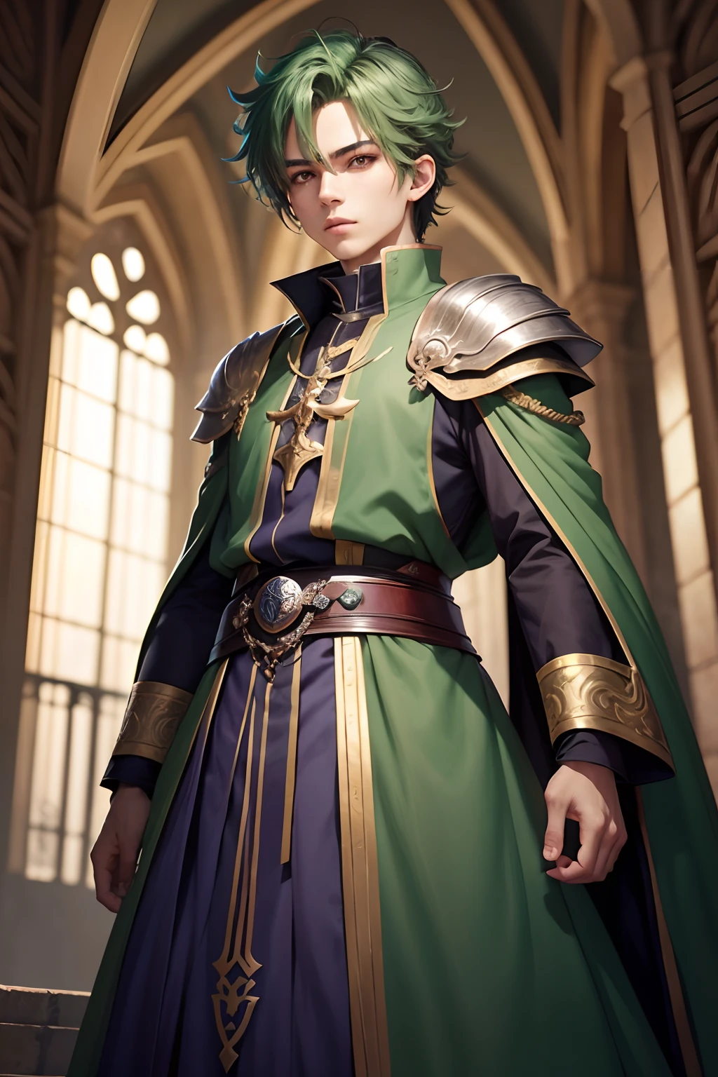 Anime - imagem de estilo de um homem vestido com uma capa verde e uma capa verde, casimiro arte, Beautiful androgynous prince, cara bonito na arte demon slayer, picture of a male cleric, official character illustration, delicate androgynous prince, Inspirado em Kris de Deltarrune, Arte Oficial, arte oficial do personagem, dressed like a cleric