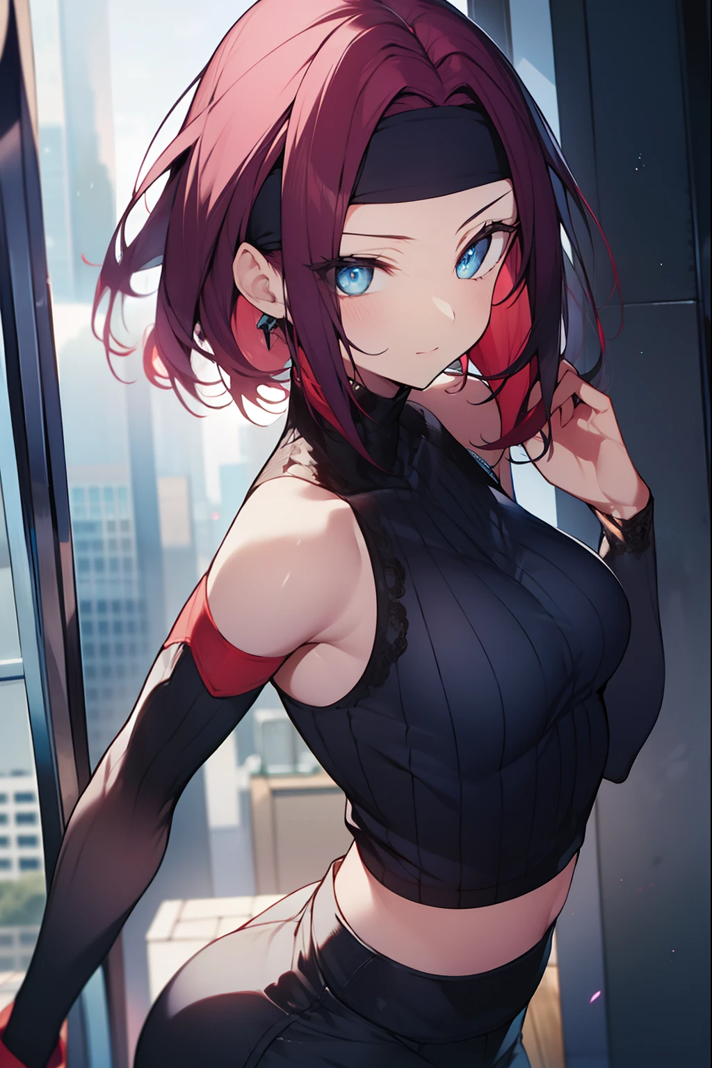 kallenstadtfeld, kallen stadtfeld, blue eyes, headband, red hair, short hair, bandana,
BREAK sleeveless, sleeveless turtleneck, turtleneck,
BREAK looking at viewer,
BREAK outdoors, city,
BREAK (masterpiece:1.2), best quality, high resolution, unity 8k wallpaper, (illustration:0.8), (beautiful detailed eyes:1.6), extremely detailed face, perfect lighting, extremely detailed CG, (perfect hands, perfect anatomy),