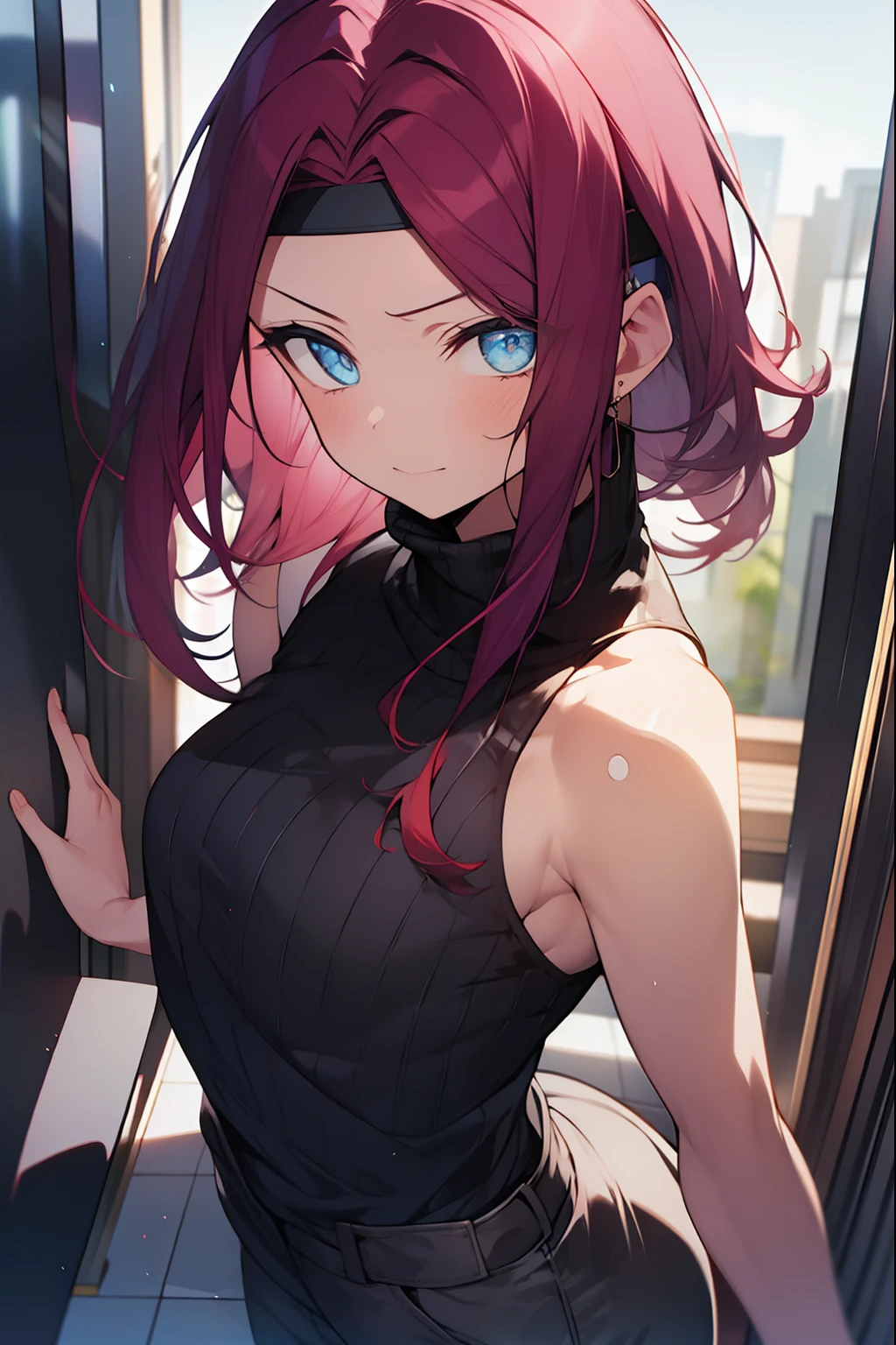 kallenstadtfeld, kallen stadtfeld, blue eyes, headband, red hair, short hair, bandana,
BREAK sleeveless, sleeveless turtleneck, turtleneck,
BREAK looking at viewer,
BREAK outdoors, city,
BREAK (masterpiece:1.2), best quality, high resolution, unity 8k wallpaper, (illustration:0.8), (beautiful detailed eyes:1.6), extremely detailed face, perfect lighting, extremely detailed CG, (perfect hands, perfect anatomy),