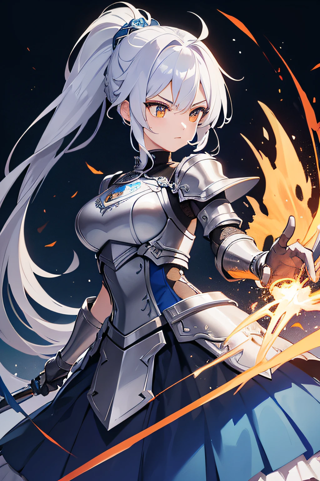 Hair Color: Silver
Hair Style: Long and flowing, tied back in a warrior's braid.
Clothes/Armor: Wears a set of intricately crafted silver armor with azure blue accents. The armor is both protective and lightweight, allowing for agility in combat. The chestplate features a phoenix emblem, symbolizing rebirth and strength.
Color Palette: Silver, azure blue, and fiery orange (for the phoenix emblem).
Weapon: A gleaming silver longsword with a sapphire-encrusted hilt. The blade is enchanted with the power of ice, allowing it to freeze opponents upon contact.
Gender: Female
Name: Seraphina Frostblade