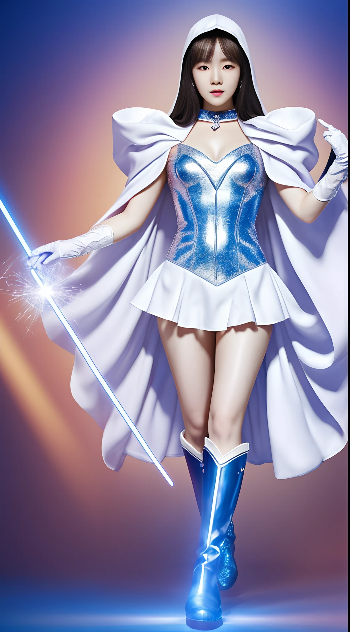 High-end CG Korean girl Irene sparkle special effects transformed into a uniform，Dressed in delicate musical symbols，White cloak Wear blue gloves on both hands and blue boots on your feet+Wand Music Girl，The whole body emits a mysterious light，Superhuman strength，，soio，Realistic superpower special effects 100%Music Symbol Effects shows full-body shots