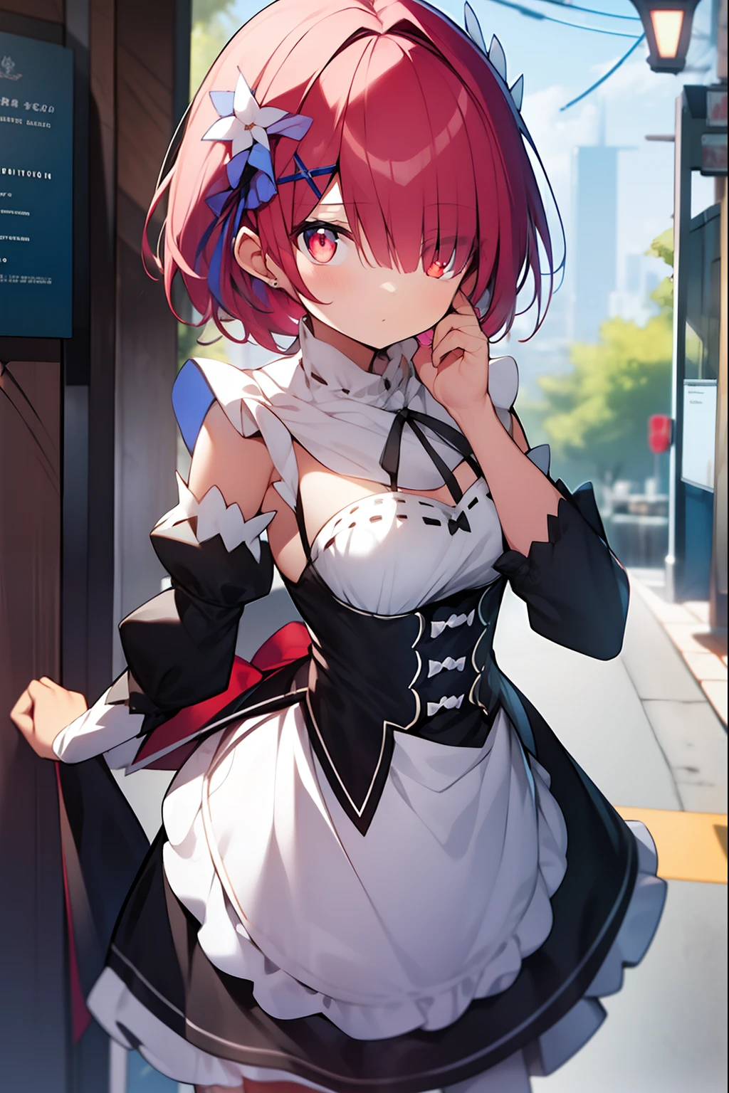 rezeroram, ram, hair flower, hair ornament, hair over one eye, pink hair, (red eyes:1.5), short hair, x hair ornament,
BREAK apron, black bow, black dress, black ribbon, bow, detached sleeves, dress, frilled apron, frilled sleeves, frills, juliet sleeves, long sleeves, maid, neck ribbon, puffy sleeves, ribbon, roswaal mansion maid uniform, thighhighs, two-tone dress, waist apron, white bow, white dress, white thighhighs,,
BREAK outdoors, city,
BREAK looking at viewer, BREAK (masterpiece:1.2), best quality, high resolution, unity 8k wallpaper, (illustration:0.8), (beautiful detailed eyes:1.6), extremely detailed face, perfect lighting, extremely detailed CG, (perfect hands, perfect anatomy),