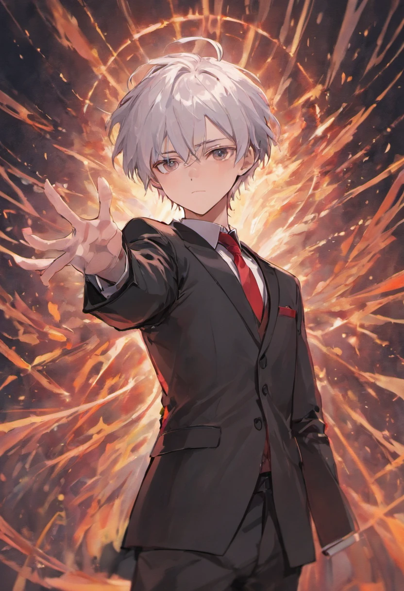 White hair，young  male，Black and red suit，Cool white skin，whaite hair，magister