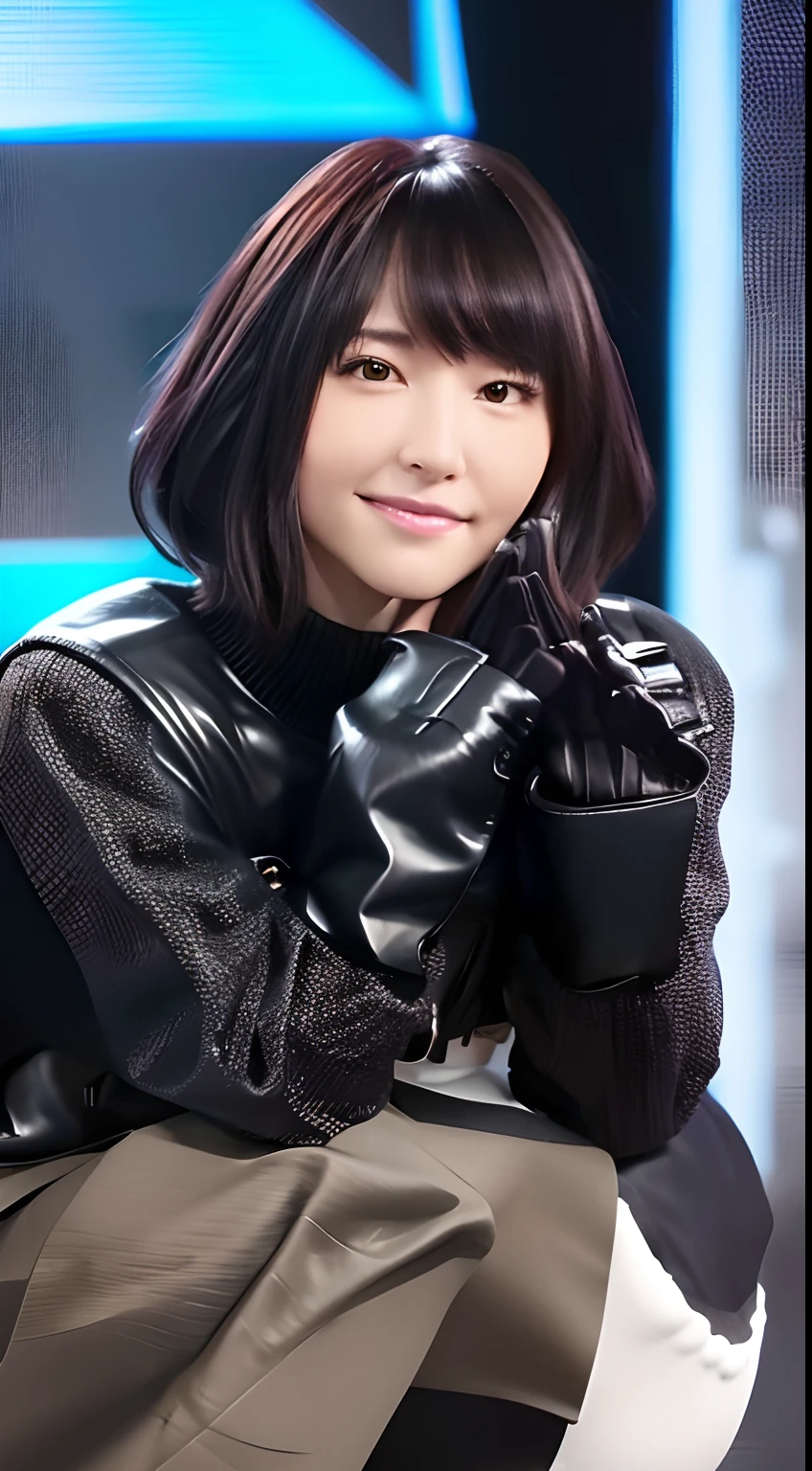 Full body realism, 22-year-old girl, Dark hair, She has bob hair, Bangs falling on her face, Beautiful hairstyle, Light makeup, Wearing a tight leather jacket, Wearing tight leather pants, Long leather boots on her feet, Black leather gloves on her hands,Night cityscape in the background, High-definition appearance, High Detail Hairstyles, High-detail environment, High Detail Background, In the background is a modern city, Photos taken with a photorealistic SLR camera, Resolution Full HD, Black leather costume,Wearing black leather gloves,Full Body Photo 8K