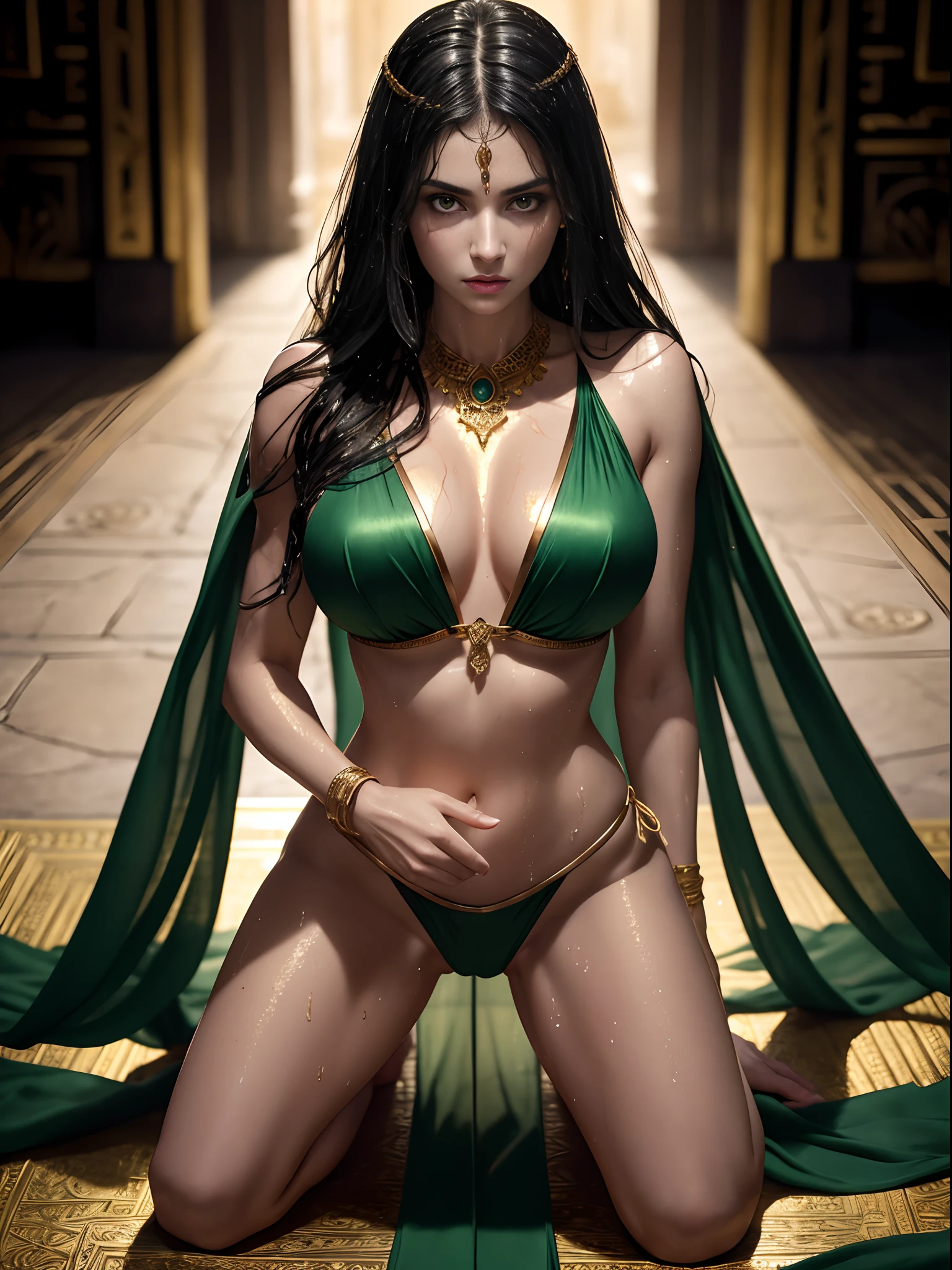 Photorealistic Image of Gorgeous Greek Female Model with Athletic Body, Long Black Hair, (One Person), (Green colored Revealing Bikini with Silk Cloth and Detailed Golden Jeweleries), (Pale Skin:1.4), (Detailed Wet and Sweaty Appearance:1.2), (Serious Face), Deep Cleavage, (Kneeling Pose:1.2), (Dimly Lit Temple at Night), Centered, (Full Body Shot), (From Above Shot), Insane Details, Intricate Face Detail, Intricate Hand Details, Cinematic Shot and Lighting, Realistic Colors, Masterpiece, Sharp Focus, Ultra Detailed, Taken with DSLR camera, Realistic Photography, Depth of Field, Incredibly Realistic Environment and Scene, Master Composition and Cinematography