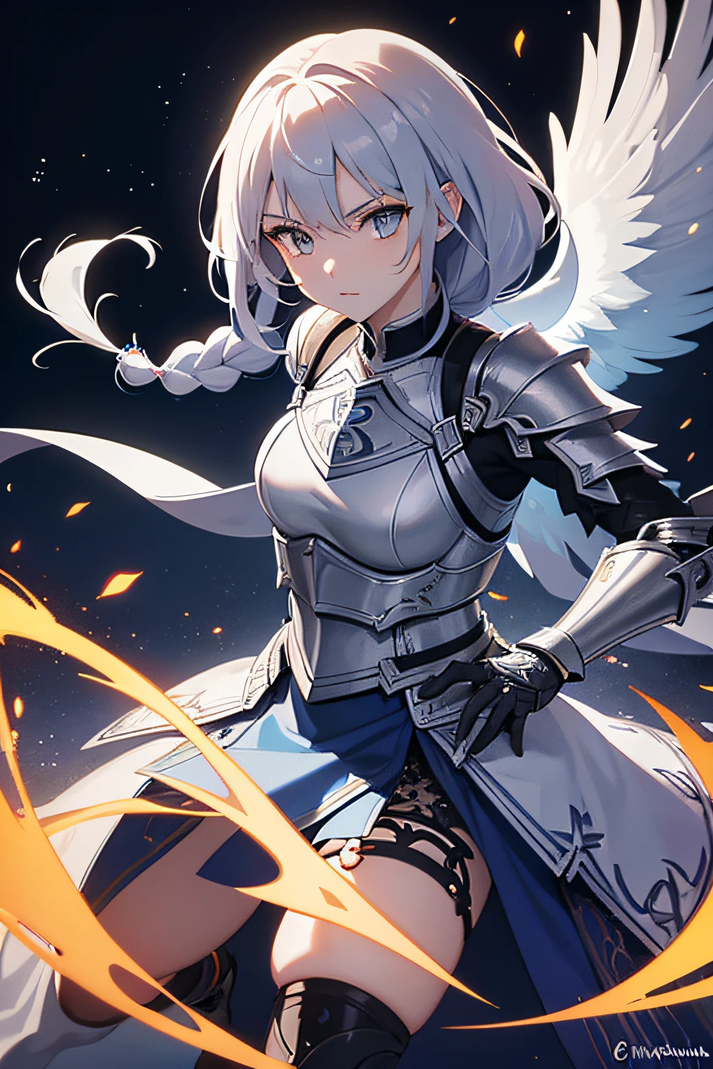 Hair Color: Silver
Hair Style: Long and flowing, tied back in a warrior's braid.
Clothes/Armor: Wears a set of intricately crafted silver armor with azure blue accents. The armor is both protective and lightweight, allowing for agility in combat. The chestplate features a phoenix emblem, symbolizing rebirth and strength.
Color Palette: Silver, azure blue, and fiery orange (for the phoenix emblem).
Weapon: A gleaming silver longsword with a sapphire-encrusted hilt. The blade is enchanted with the power of ice, allowing it to freeze opponents upon contact.
Gender: Female
Name: Seraphina Frostblade