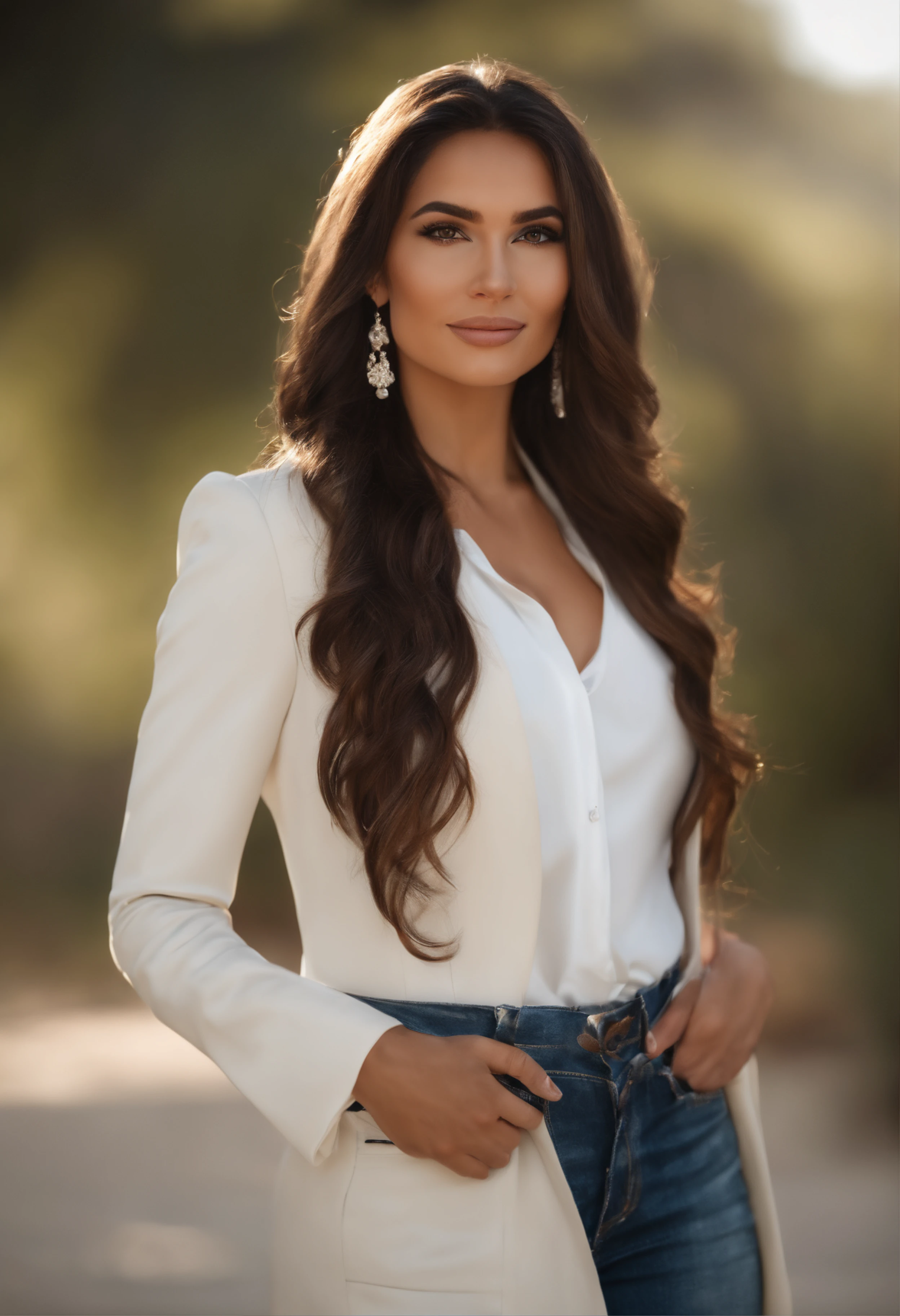 Nikon Z 85mm,((best quality)), ((masterpiece)), ((realistic)),far from the camera image, gorgeous native american woman, brunette, 25 year old, posing in an empty white room, wearing white business suit with black waist coat, smile with teeth showing, ((medium breasts)), intricate details, highly detailed, sharp focus, professional, 4k, god rays, hand model, stunning brown eyes, petite, strong chin big ramus dnot defined jawline huge strong cheekbones highset cheekbones big eyes. great face projection highres, detailed facial features, high detail, sharp focus, smooth, extremely detailed, photo_\(ultra\), photorealistic, realistic, post-processing, max detail, roughness, real life, ultra realistic, photorealism, 8k uhd, best light for instagram, slavic face, long brunette hair, beautiful hair, real face face