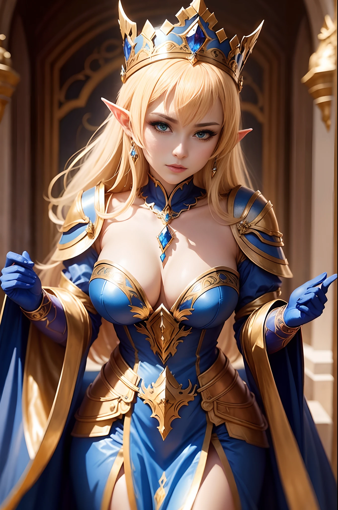 Alafed woman in blue and gold costume posing for photo, ornate cosplay, a beautiful fantasy empress, ((a beautiful fantasy empress)), from lineage 2, Gorgeous Female Paladin, Anime girl cosplay, beautiful and elegant elf queen, elegant glamourous cosplay, glamourous cosplay, cosplay foto, up close shot, fantasy character photo, Anime Cosplay Beautiful expression real looking skin 超A high resolution