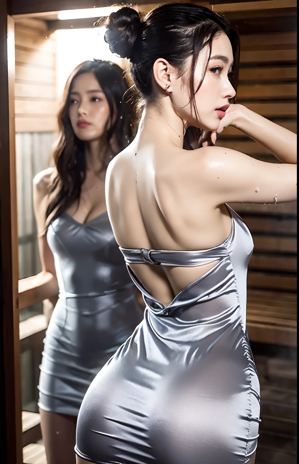 Highly detailed CG Unity 8k wallpaper, top quality, super detailed, masterpiece, realistic, photorealistic, highly detailed cute girl, 25 years old, (sauna), get sweaty ,sweaty skin, blush, parted lips, round eyes, medium breasts, viewer, semi-body shot , bun_head , back view, ((protruding ass, perfect hourglass figure, perfect body proportion)), (satin flowing dress), (wet dress), (grey, pink ), bend, ass emphasized, bqck shot