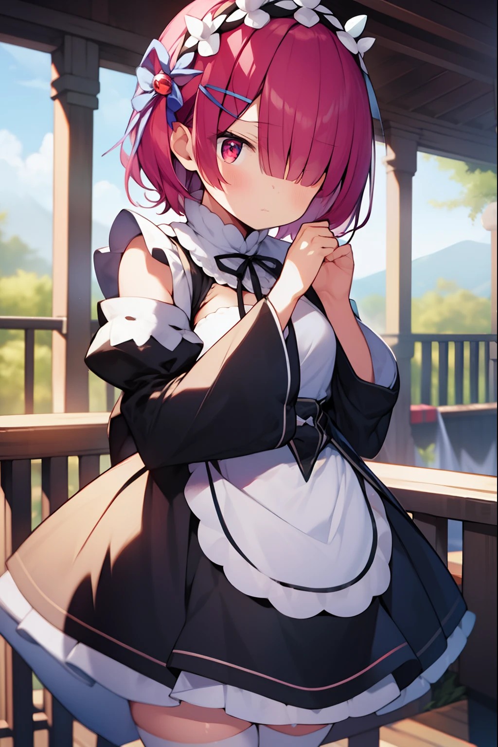rezeroram, ram, hair flower, hair ornament, hair over one eye, pink hair, (red eyes:1.5), short hair, x hair ornament,
BREAK apron, black bow, black dress, black ribbon, bow, detached sleeves, dress, frilled apron, frilled sleeves, frills, juliet sleeves, long sleeves, maid, neck ribbon, puffy sleeves, ribbon, roswaal mansion maid uniform, thighhighs, two-tone dress, waist apron, white bow, white dress, white thighhighs,,
BREAK outdoors, city,
BREAK looking at viewer, BREAK (masterpiece:1.2), best quality, high resolution, unity 8k wallpaper, (illustration:0.8), (beautiful detailed eyes:1.6), extremely detailed face, perfect lighting, extremely detailed CG, (perfect hands, perfect anatomy),