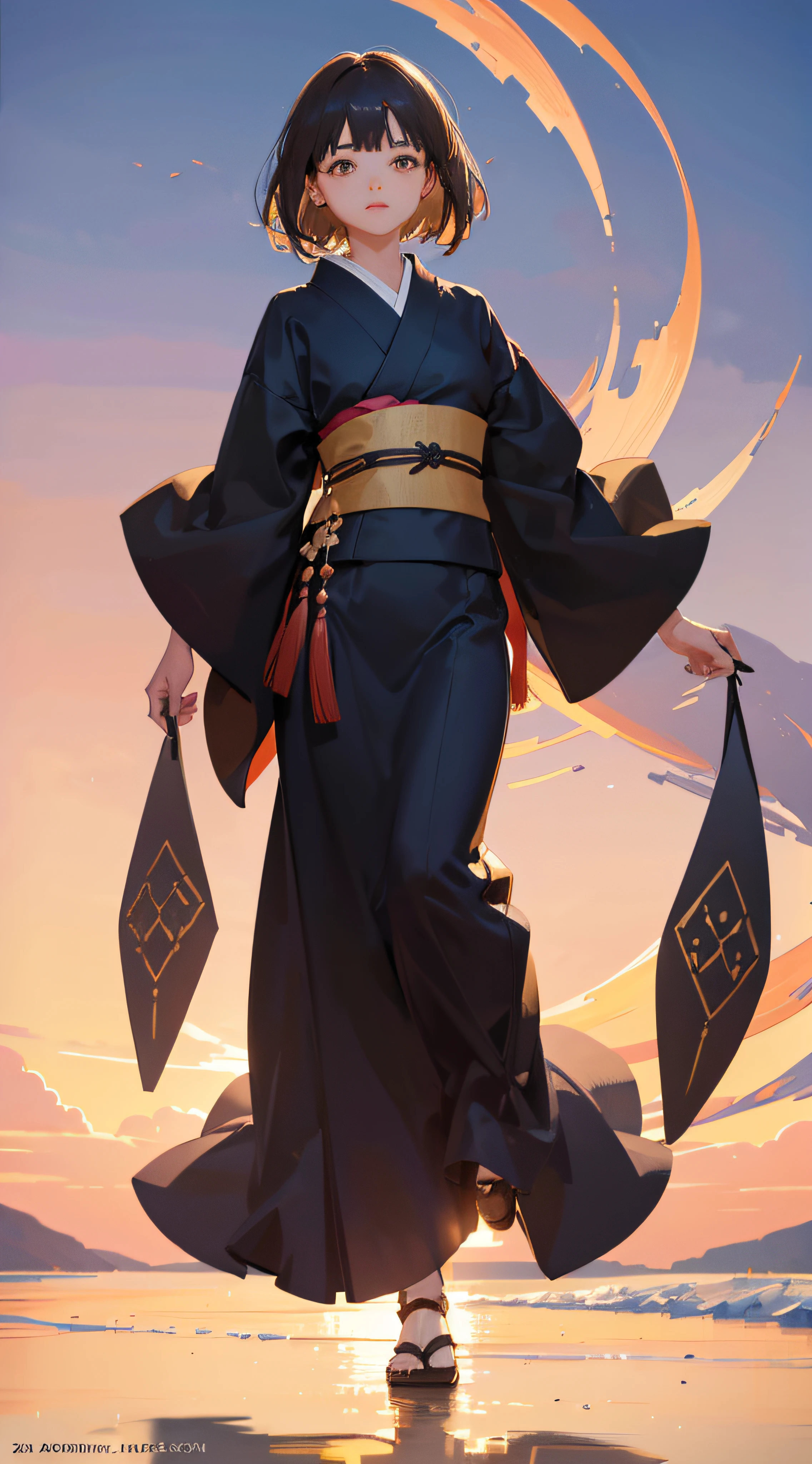 Best Quality, Unity 8k Wallpapers, 32K, masterpiece, ultra-detailliert, high resolution, cinematic Film still from,1girl,cute, delicate facial features, short brown-haired silk girl,brown eyes, realistic pupils, detailed eyes, full body, a black and red kimono, platinum necklace, starrysky,brightly,glitters,the sunset,full body esbian