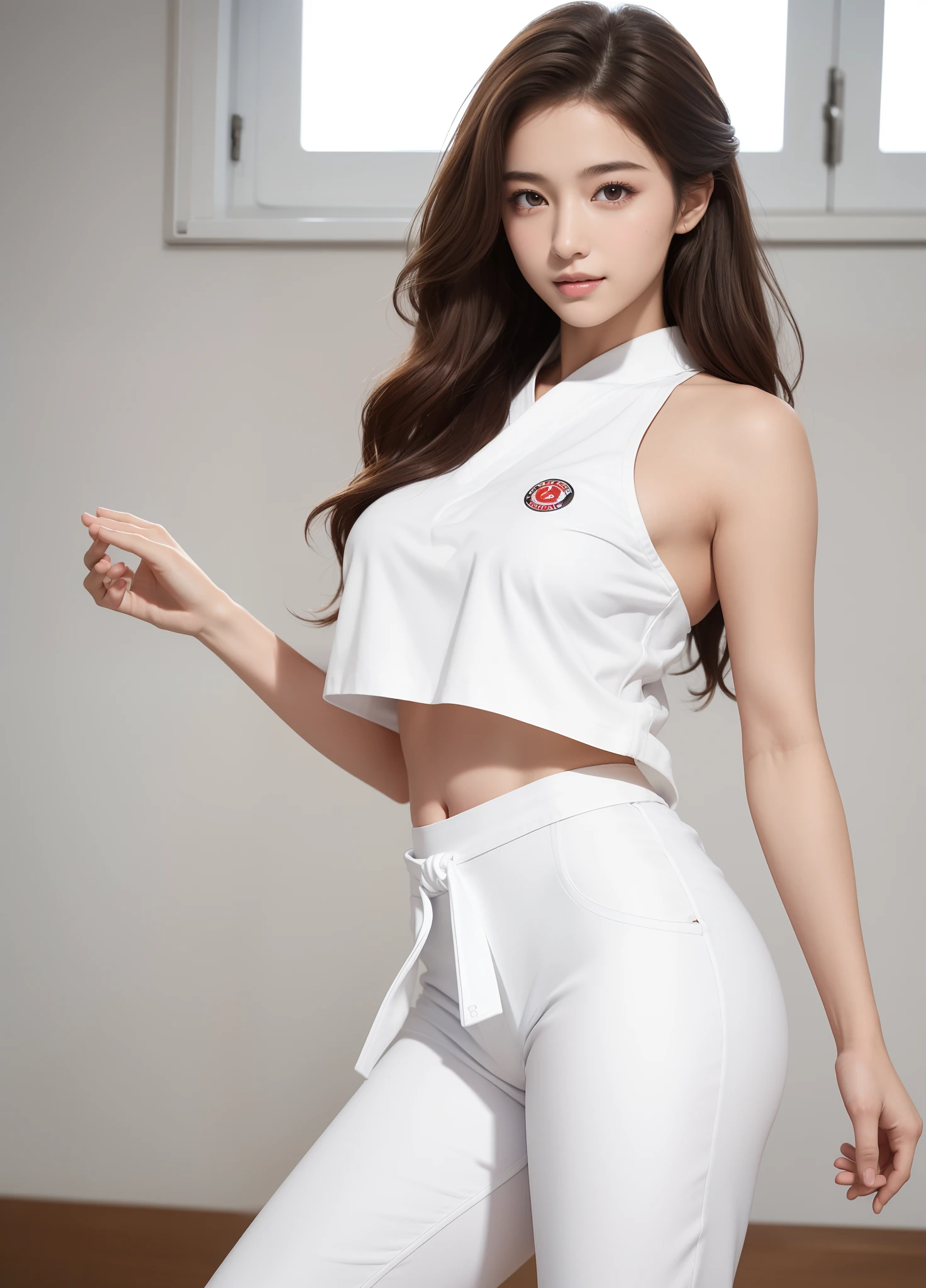 highest quality, masterpiece, Ultra-high resolution, (Realistic:1.4), RAW Photos, 32K Portrait, Very detailed, Cowboy Shot, Dynamic pose,
One girl, 16 years old, Full back pants、The most famous Japanese idol、Japan's most popular cheerleader, Wearing only a white sleeveless cheerleader uniform, An innocent smile, View your viewers, Upturned buttocks,
Very cute face, Stunningly beautiful big black eyes, Very beautiful hair, Very beautiful lips, Very beautiful skin, Very beautiful breasts, Very beautiful body, Very beautiful arms, Five perfect fingers, Very beautiful buttocks, Very beautiful thighs,
Detailed face, Fine grain, Detailed Hair, Detailed lips, Detailed Skin, Detailed body, Detailed Weapons, Detailed five fingers, Detailed white sleeveless cheerleader uniform, Detailed hips, Thigh details