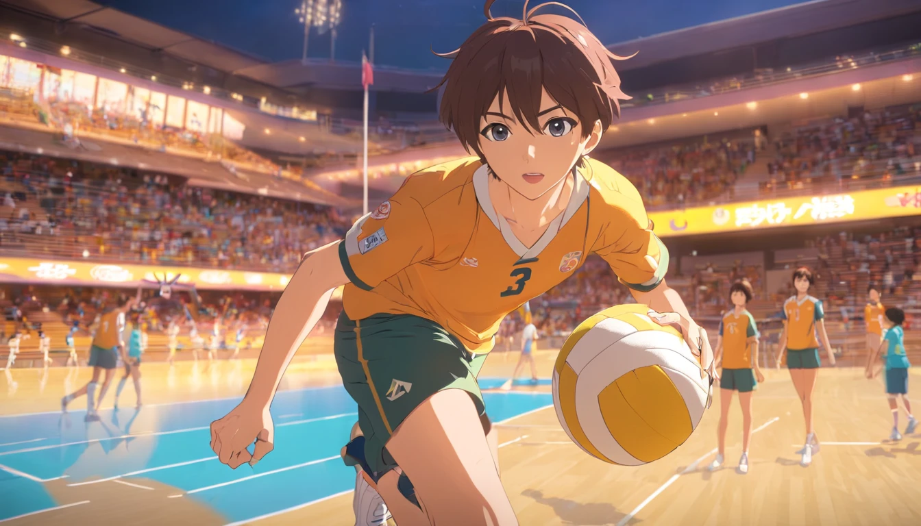 35mm camera lens,cool guy,athlete,Play volleyball,detailedbackground,Asian Games,Full body like,True skin texture,Smudge,Accurate facial features,dynamic blur,super-fine,ultra - detailed,high qulity,8K ,oc rendered,dynamic viewing angle,Hyper Real,Ultra photo realsisim