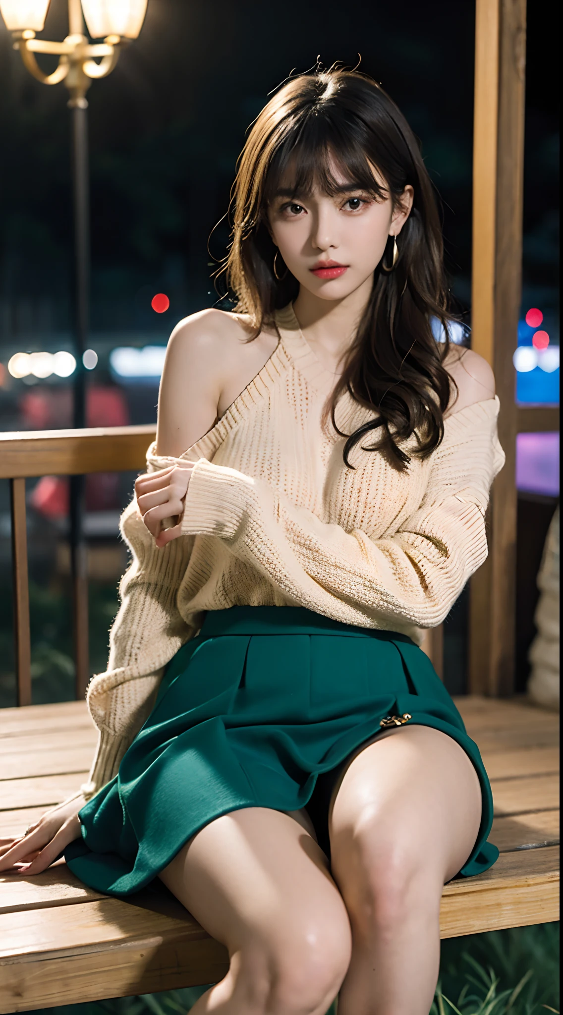 (Best quality, 8K, masutepiece, Ultra HD: 1.3), 1girl in, Metal earrings,small tits ,Light brown hair, Blunt bangs, hair behind ear, hair over shoulders, Long hair, Slender body type, ultradetail face, Delicate lips, Beautiful eyes, Watery eyes,二重まぶた, lipsticks, thin blush ,Black eyes ,perfect glossy shiny skins,Flawless skin,White skin of the, Ultra-thin fingers, Dark green sweater, Light-colored skirt, beautifullegs ,Outdoors at night,