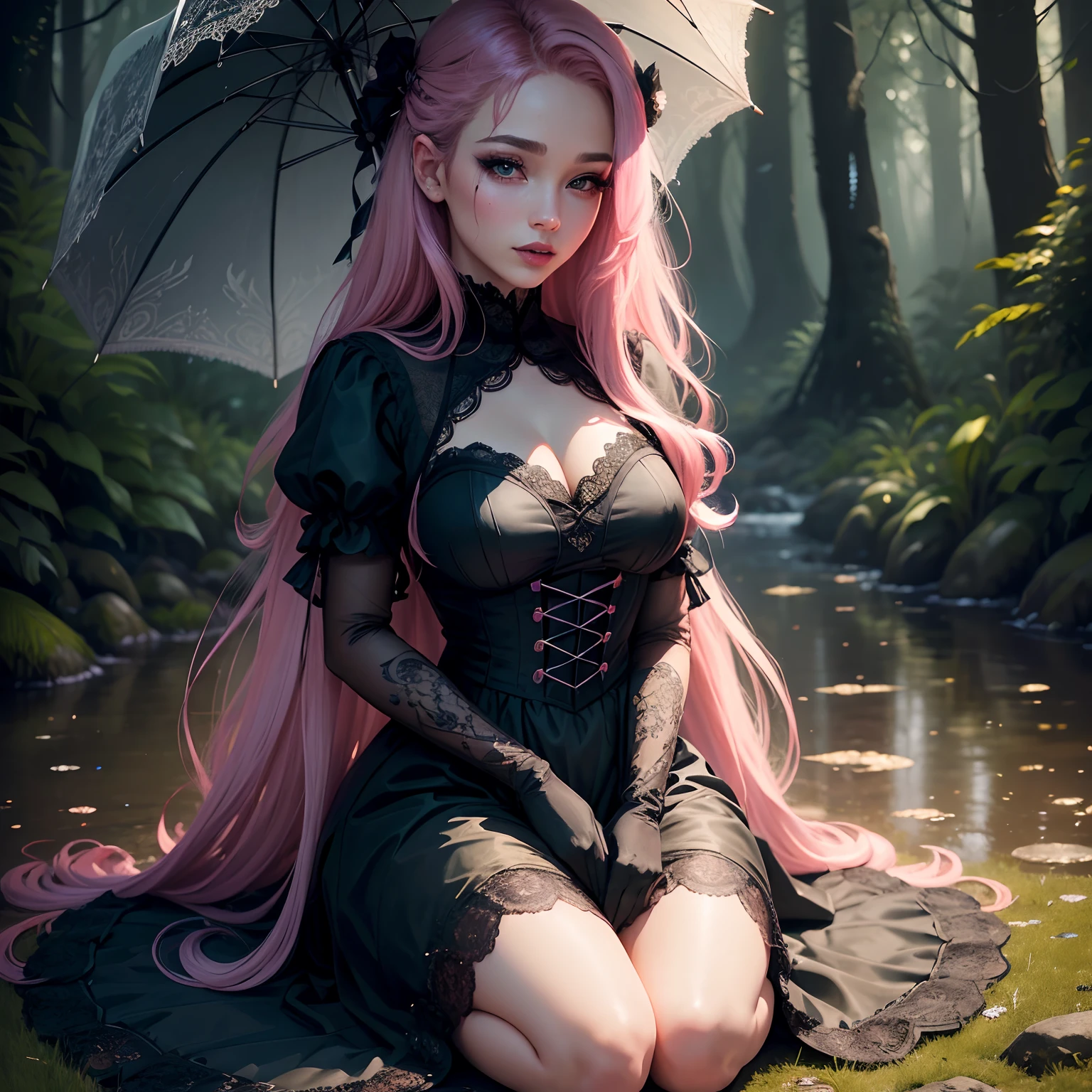 (masterpiece, highres, high quality:1.2), intricate details, cinematic lighting, A stern girl in Japanese maid's clothes, long stockings sits on the wet grass, magic firest, lot in the rain, raining Darker ,anime drawing , gothic pixiv style , pink hair, blue eyes, ocean color eyes, high-quality, fireflies fly, Pink hair, very long hair, hair intakes, makeup, lipstick, (mole under mouth:0.8), eyelashes, ultra detailed eyes, ultra detailed face, ultra detailed lips, ultra detailed lipstick, ultra detailed makeup, rainy forest, magic forest, fireflies, full body, detailed hands, detailed eyes, firefly, lace gloves, black lace gloves, high-quality eyes, wearing black lace gloves