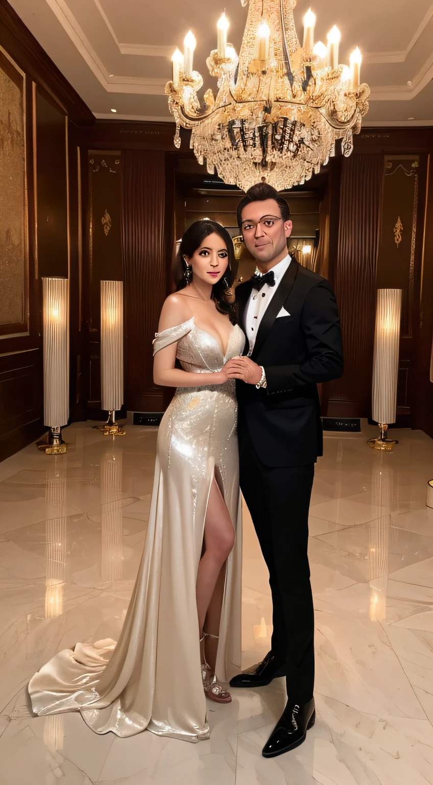 ((Best quality, 8K, Masterpiece :1.3)), One elegant older man surrounded by a sexy woman in the palace on a plush rug: 1.3, (Classy attire, hourglass figure: 1.3), Long, wavy hair: 1.2, Intimate embrace: 1.4, Ultra-detailed facial features, captivating eyes, slight blush on cheeks, indoor setting
(Lifelike, high resolution: 1.3), One sophisticated older man engulfed by a seductive woman in the palace room on a luxurious carpet: 1.3, (Form-fitting attire, voluptuous curves: