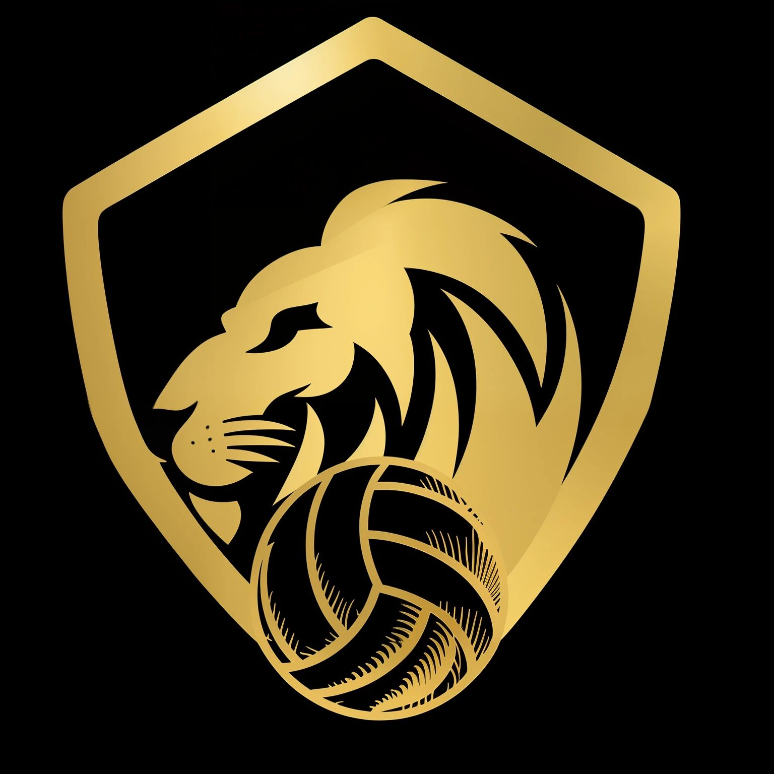 a golden lion head with a volleyball in front of a shield, logotipo esportivo.