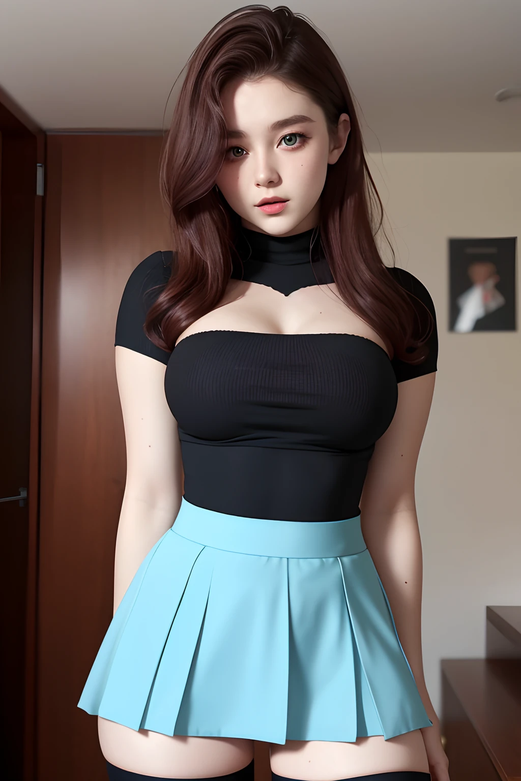 a beautiful 17yo irlandia woman, underboobs, high waist short skirt , thighhighs,