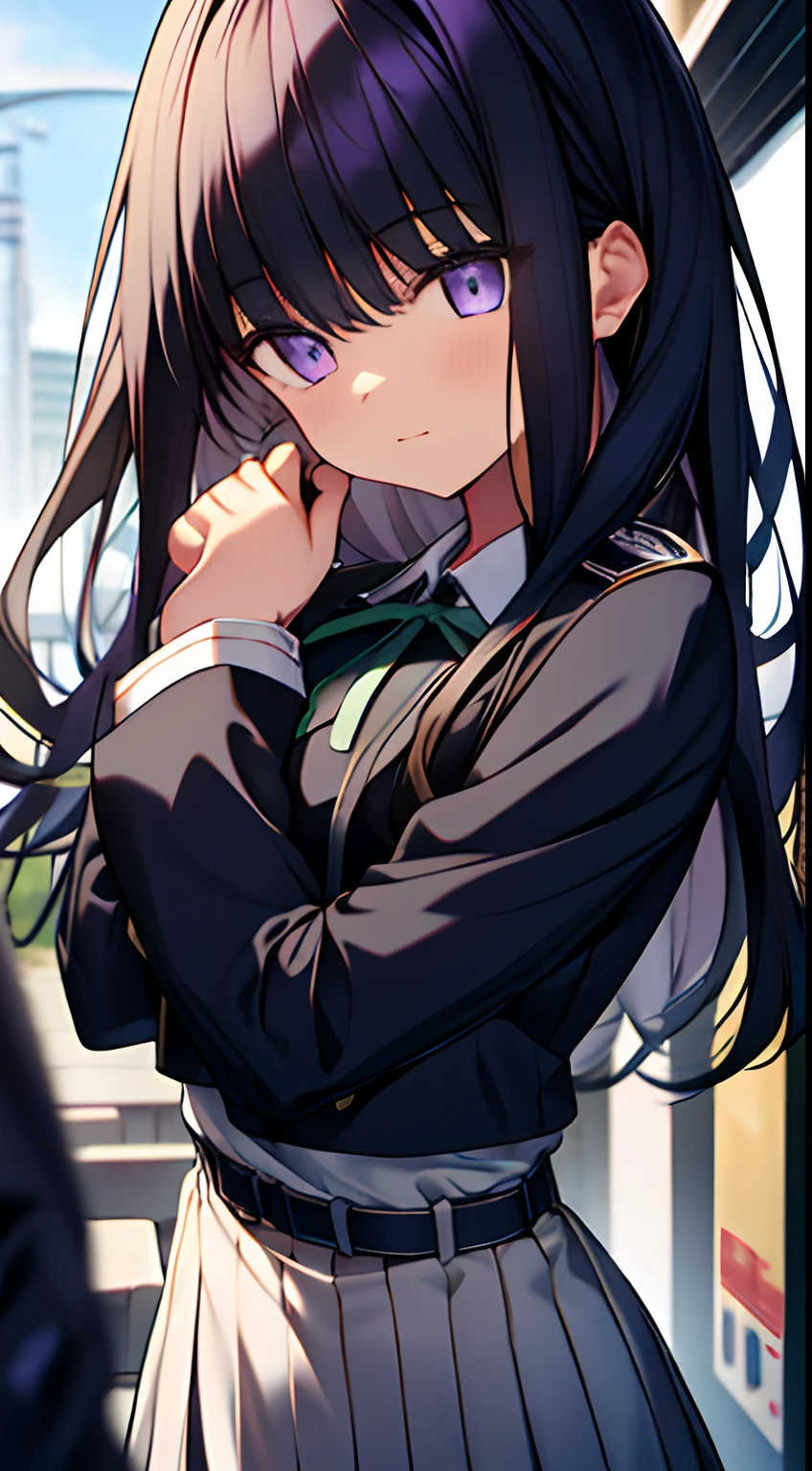 takinainoue, Inoue Takina, Long hair, bangs, Black hair, (Purple eyes:1.2), BREAK shirt, Long sleeves, dress, ribbon, school uniform, White shirt, Collared shirt, belt, Neck ribbon, Blue dress, Green Ribbon, Pleated dress, grey dress, Two-tone dresses, Blue belt, Lycoris Uniform, BREAK outdoors, City, Break (Masterpiece:1.2), Best quality, high resolution, Unity 8k wallpaper, (illustration:0.8), (Beautiful detailed eyes:1.6), Extremely detailed face, Perfect lighting, Extremely detailed CG, (Perfect hands, Perfect anatomy),