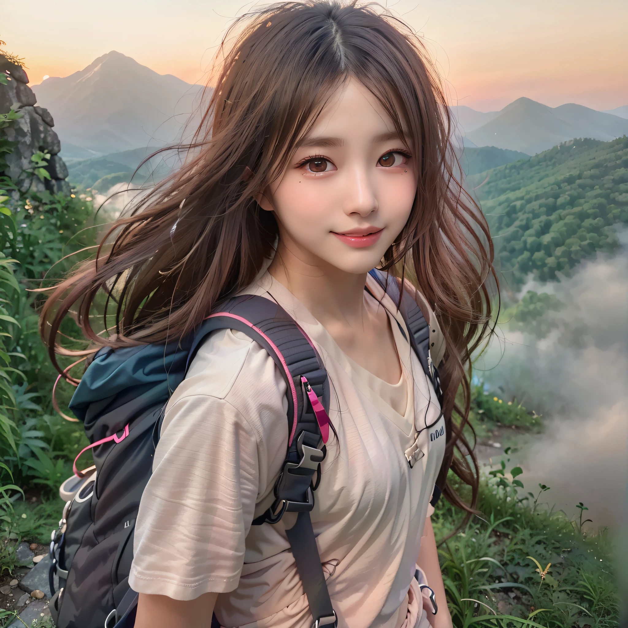 (Naturescape photography), (best quality), masterpiece:1.2, ultra high res, photorealistic:1.4, RAW photo, (Magnificent mountain, sea of clouds), (On a very high mountain peak), (sunset), (wideangle shot),  (Show cleavage:0.8),
(1girl), (Photo from the knee up:1.3), (18 years old), (smile:1.2), (shiny skin), (real skin), (semi-long hair, dark brown hair)
(Large white V-neck T-shirt, pink Trekking shorts), (Carrying a large backpack), 
(ultra detailed face), (ultra Beautiful fece), (ultra detailed eyes), (ultra detailed nose), (ultra detailed mouth), (ultra detailed arms), (ultra detailed body), pan focus, looking at the audience