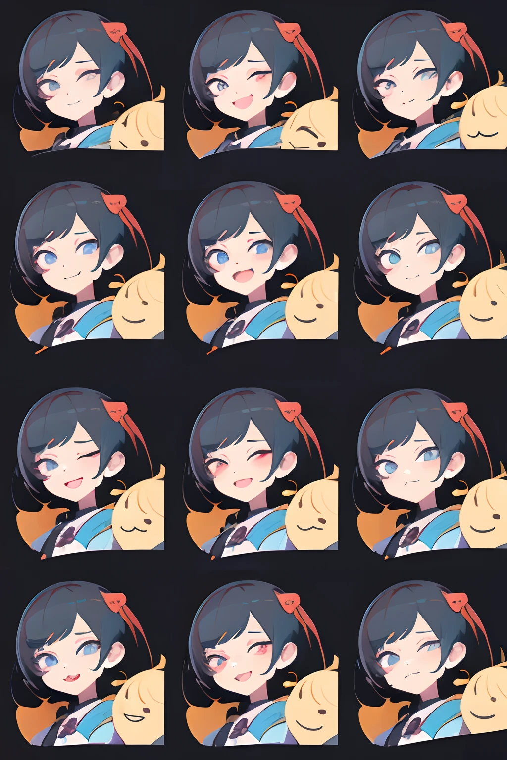 cute girl, emoji pack, 9 emoticons, emoji sheet, multiple poses and expressions, anthropomorphic style, Disney style, black strokes, different emotions,multiple poss and expressions, 8k --niji 5 --auto