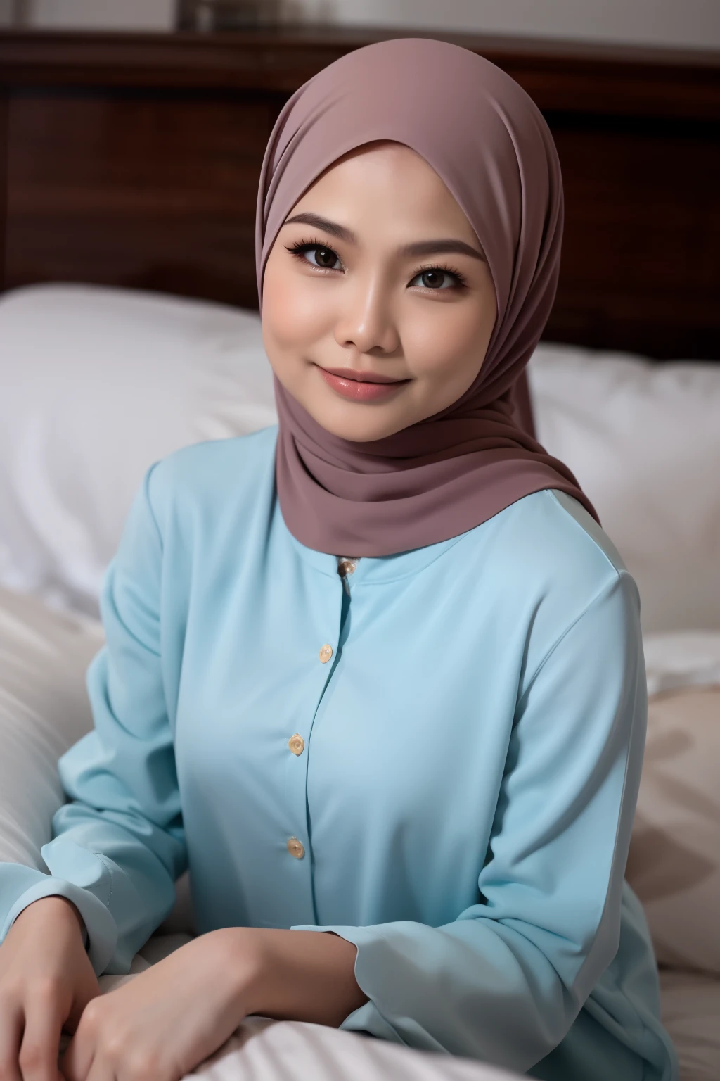 matured malay woman in hijab wearing sexy red color pajamas sleeping in bed portrait photography, lying in bed, mid shot photo, ultra detail, professional photograph with professional lighting, smile, light blue bed, bedroom, sexy seducing sleep pose, curvy