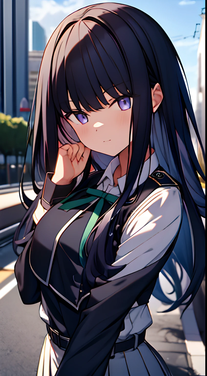 takinainoue, Inoue Takina, Long hair, bangs, Black hair, (Purple eyes:1.2), BREAK  shirt, Long sleeves, dress, ribbon, school uniform, White shirt, Collared shirt, belt, Neck ribbon, Blue dress, Green Ribbon, Pleated dress, grey dress, Two-tone dresses, Blue belt, Lycoris Uniform, BREAK outdoors, City, Break (Masterpiece:1.2), Best quality, high resolution, Unity 8k wallpaper, (illustration:0.8), (Beautiful detailed eyes:1.6), Extremely detailed face, Perfect lighting, Extremely detailed CG, (Perfect hands, Perfect anatomy),