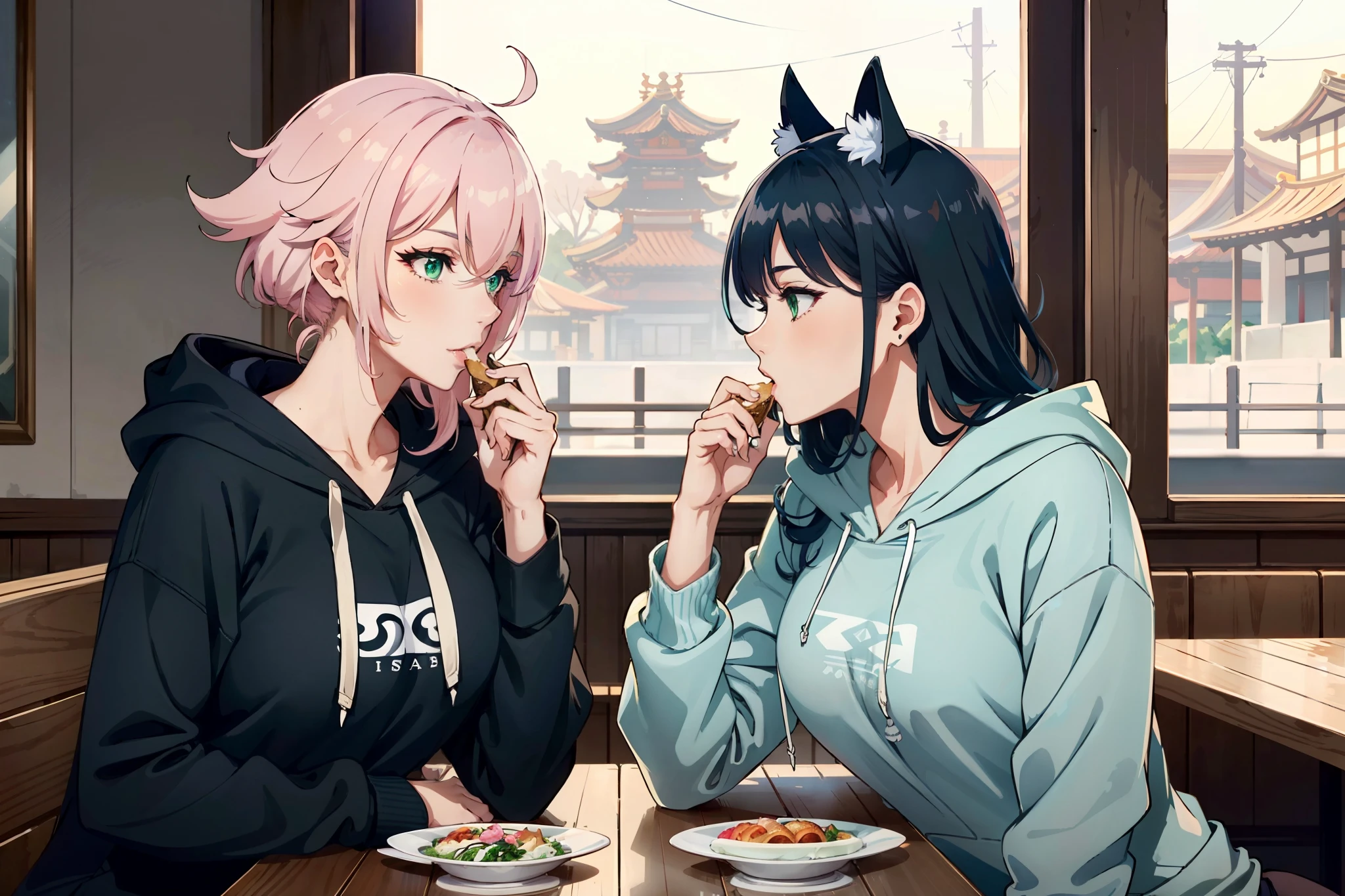 ((mature adult tall woman, mature_face)), (glowing green eyes), aqua cat ears, (super narrow waist), gradient (pink hair), large breasts, large areolae, (oily skin) ,              ((2 women), best quality, masterpiece,4k 8k wallpaper, indoors, perfect lighting, eating, outside, restaurant, daytime, facing each other BREAK mature sexy Yae Miko, genshin impact, long t-shirt, ((casual clothing)) BREAK mature sexy raiden shogun, genshin impact mature sexy characters, (((wearing only a hoodie)))