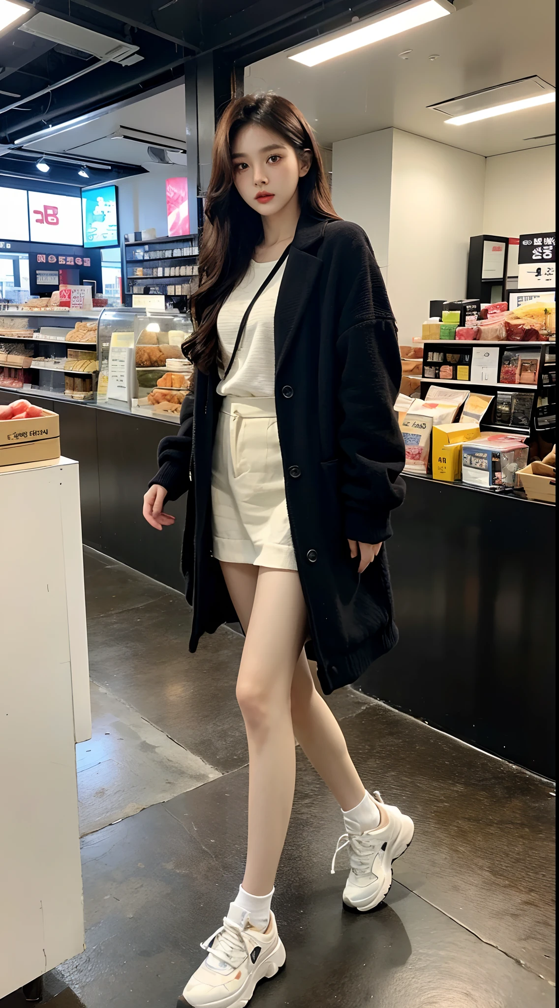 masterpiece、top-quality)、1 beutiful girl、Slim body、((Black and white plain clothes:1.1))、(Detailed beautiful eyes)、Walk around the store、((Boyish Brown Medium Hair))、((Smaller face))、((Neutral face))、((Face seen from the side))、((Light brown eyes))、((Korean Girl))、((18year old))、((cool lady))、((Wild look))、((Korean Makeup))、((elongated and sharp eyes))、((Happy dating))、((looking distantly))、((boyish))、((Shot from the same height as your face))、((Viewers are tall))、((She is walking in front of the viewer))、((Spoiled by viewers))