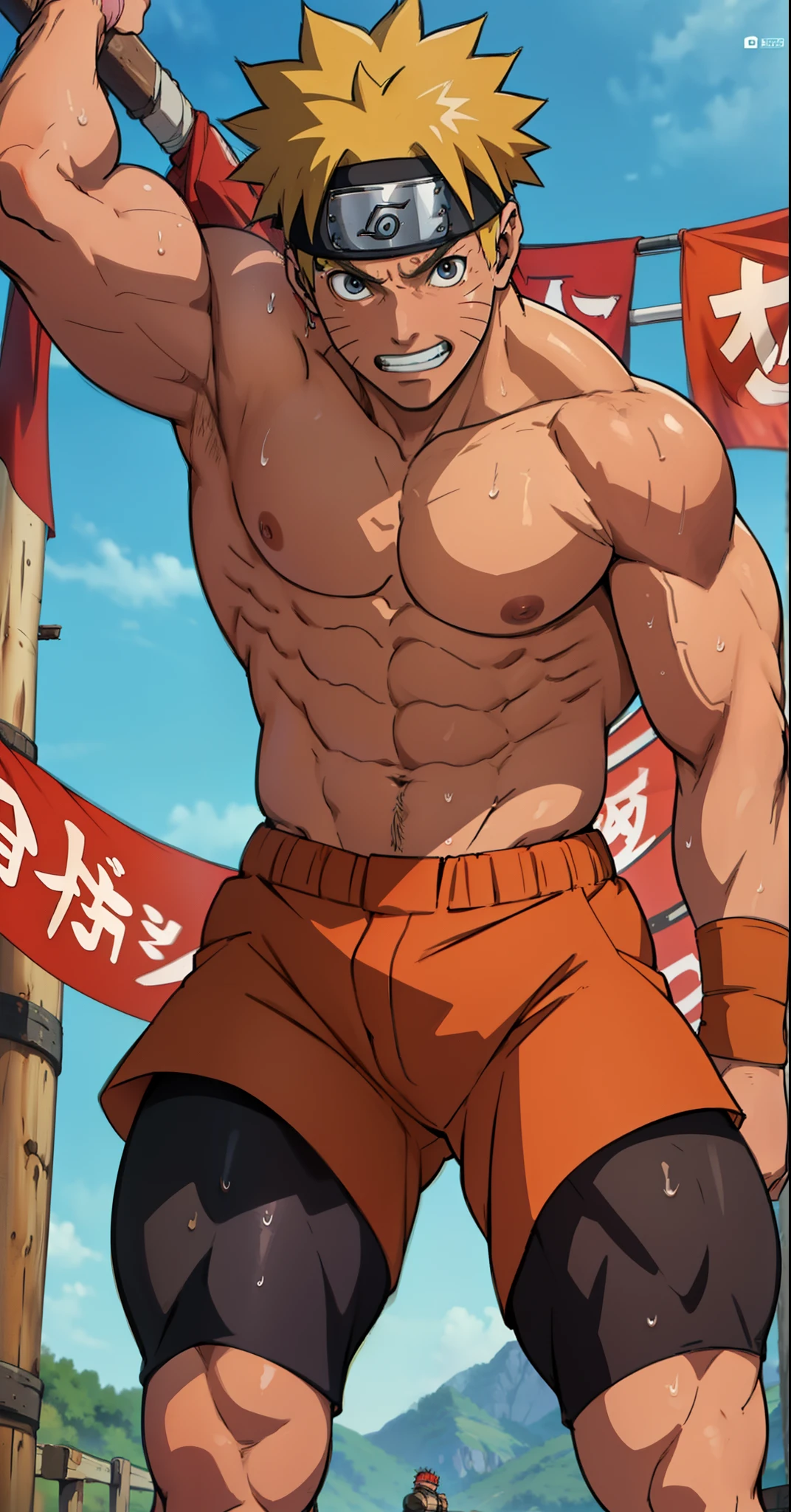 (Full body) (photo subject: Close-up of muscular thigh muscles ) (photo angle from bottom up)(Drawings of Naruto anime) (photo angle from the ground upwards) [Anime photo][highest quality photo][4k,HD photo quality ] wear tight and short loincloths   (muscular thigh muscles, firm thigh muscles, muscular thigh muscles, sinewy thigh muscles, giant thigh muscles, strong leg muscles, muscular hamstring leg muscles) ,Uzumaki Naruto fun, happy,bodybuilder,bodybuilding, standing, red skin,reddish brown skin, lots of sweat flowing down, topless, shirtless, hot sunny, (do not wear banners,do not wear headbands)