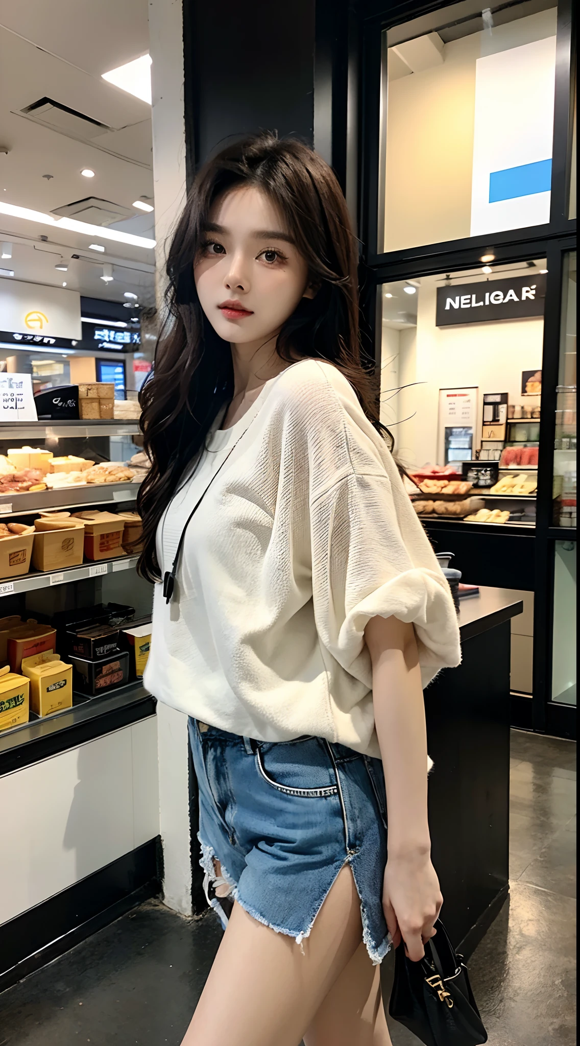 masterpiece、top-quality)、1 beutiful girl、Slim body、((Black and white plain clothes:1.1))、(Detailed beautiful eyes)、Walk around the store、((Boyish Brown Medium Hair))、((Smaller face))、((Neutral face))、((Face seen from the side))、((Light brown eyes))、((Korean Girl))、((18year old))、((cool lady))、((Wild look))、((Korean Makeup))、((elongated and sharp eyes))、((Happy dating))、((looking distantly))、((boyish))、((Shot from the same height as your face))、((Viewers are tall))、((She is walking in front of the viewer))、((Spoiled by viewers))